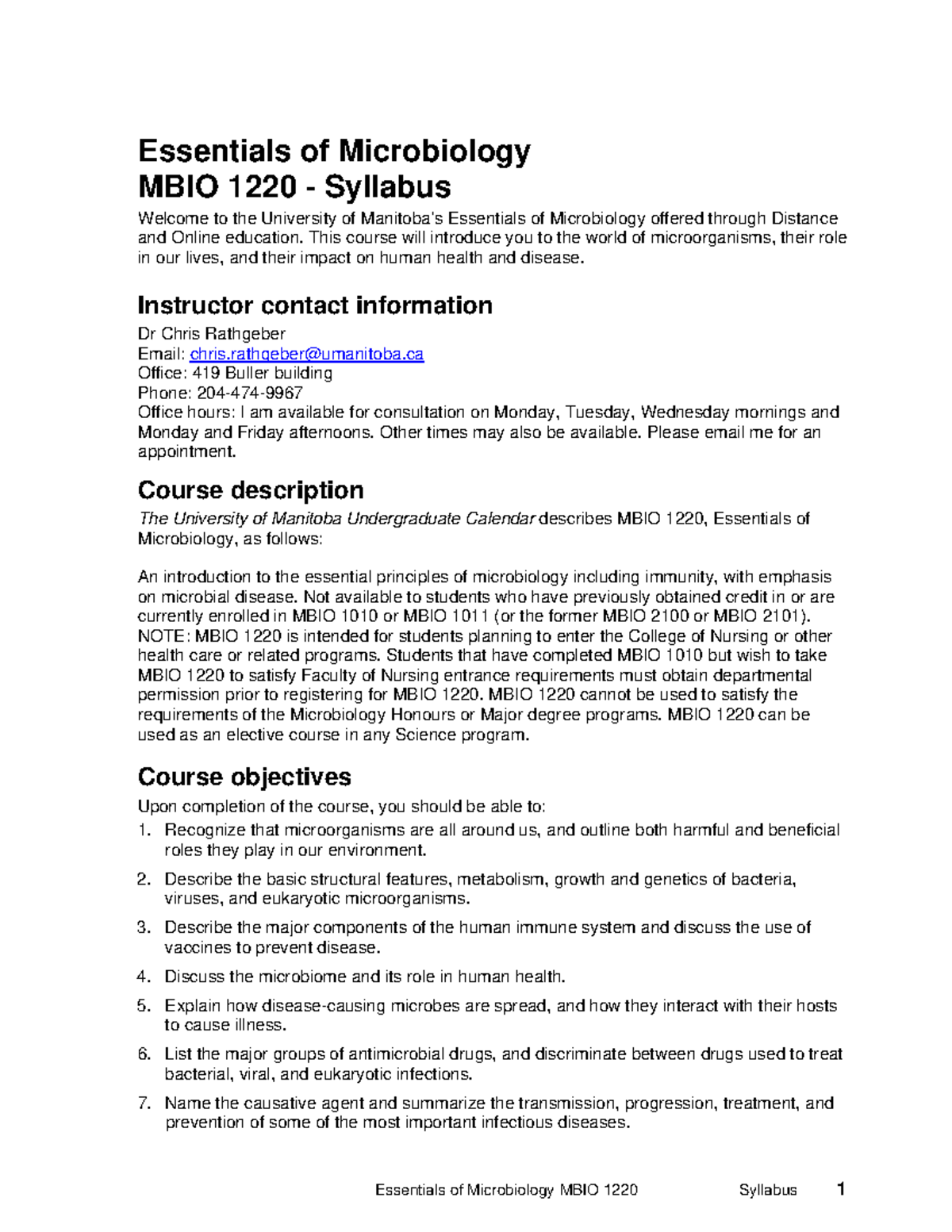 MBIO 1220 Essentials of Microbiology Syllabus - 10th Evergreen Edition ...