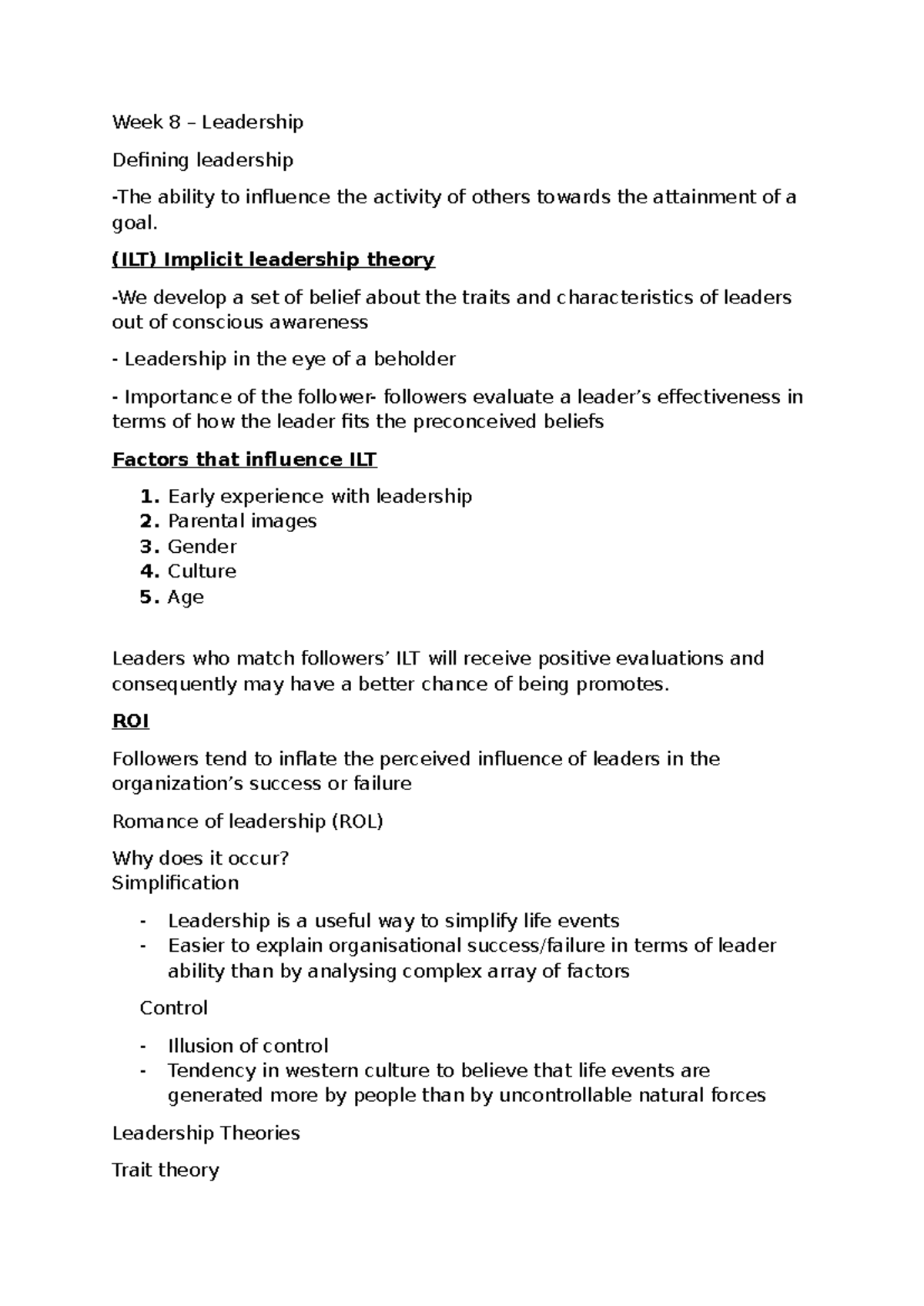 PM 8: Leadership Theories & Implicit Leadership Theory Notes - Studocu