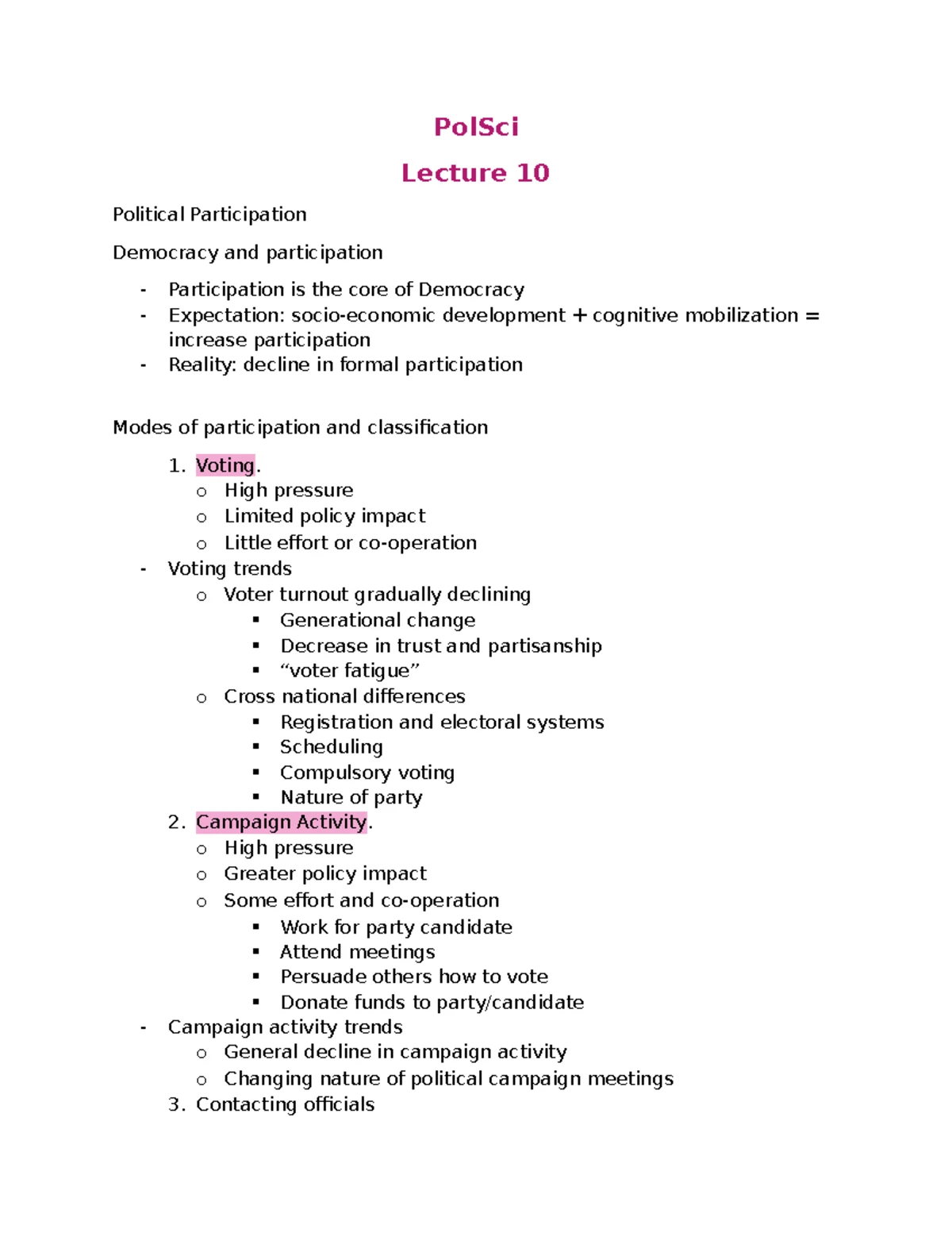 PolSci 212 A2 Lecture Notes: Political Support, Voter Behavior & Values ...