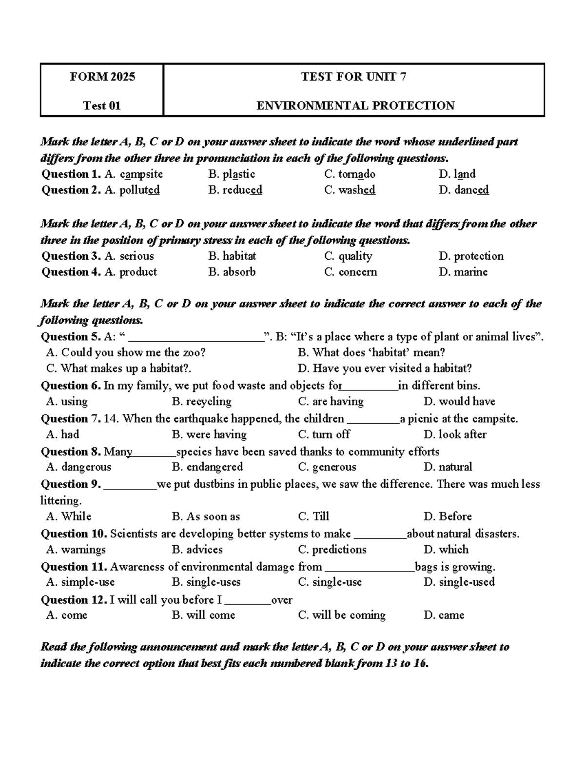FORM 2025 UNIT 7 ENVIRONMENTAL PROTECTION EXERCISES WITH ANSWERS - Studocu