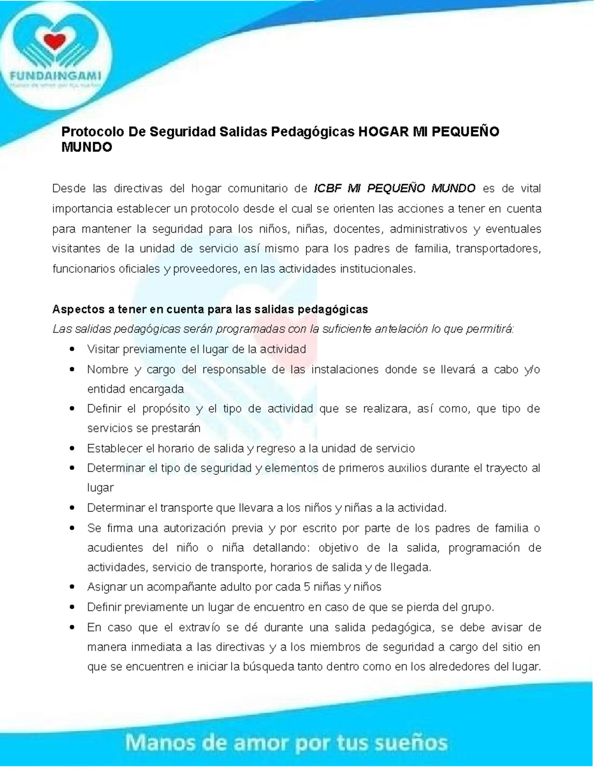Protocolo de Seguridad para Salidas Pedagógicas en ICBF - Document Preview