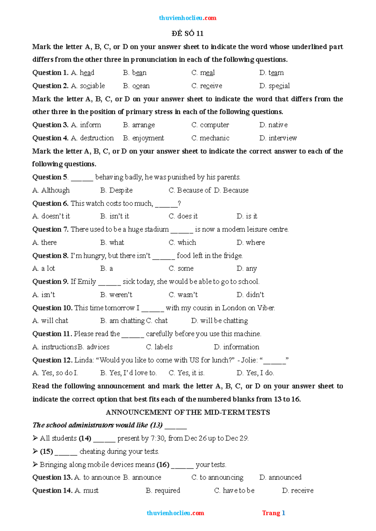 AV 9 11-20 - Pronunciation and Grammar Practice Questions - Studocu