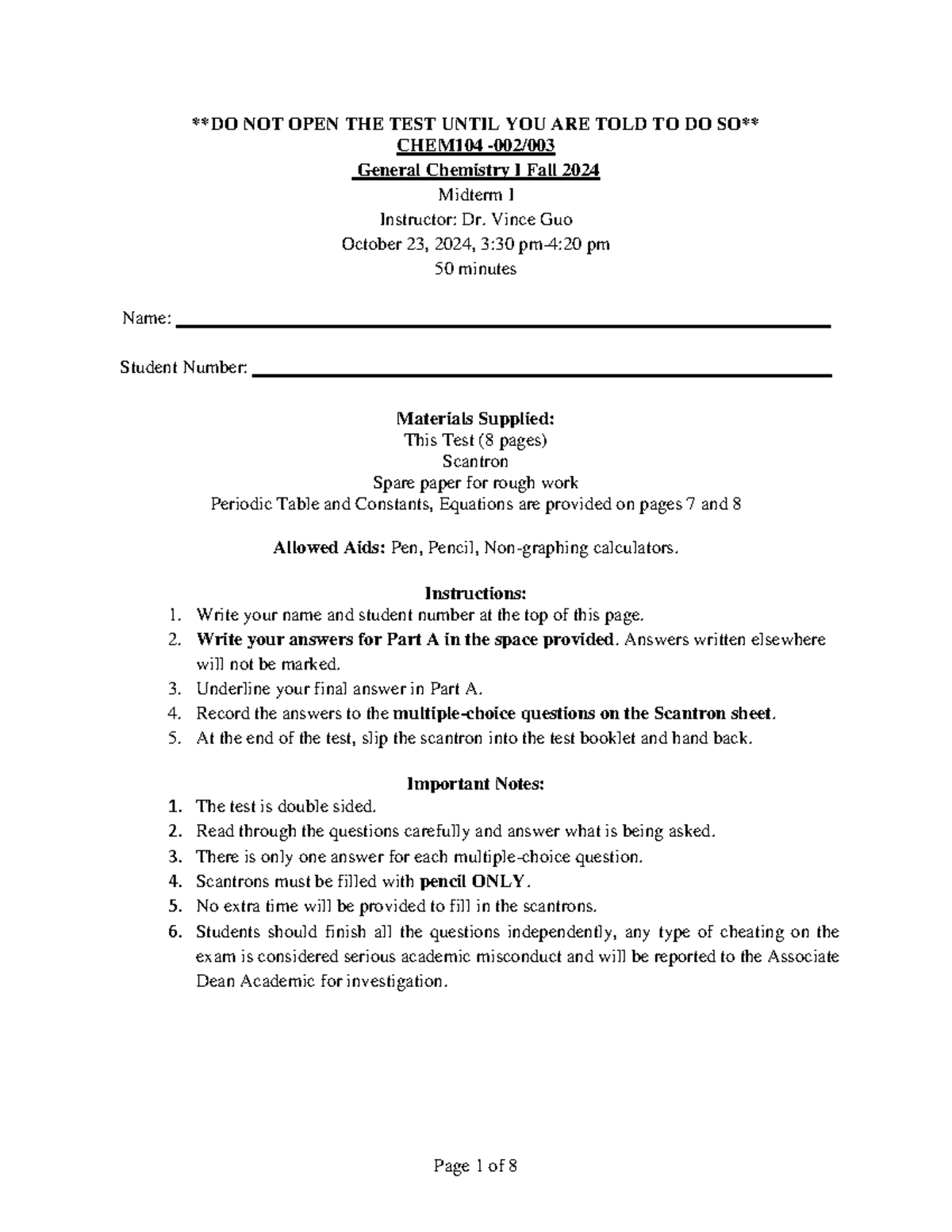 Chem 104 Midterm I Practice Questions - Fall 2024 - Studocu