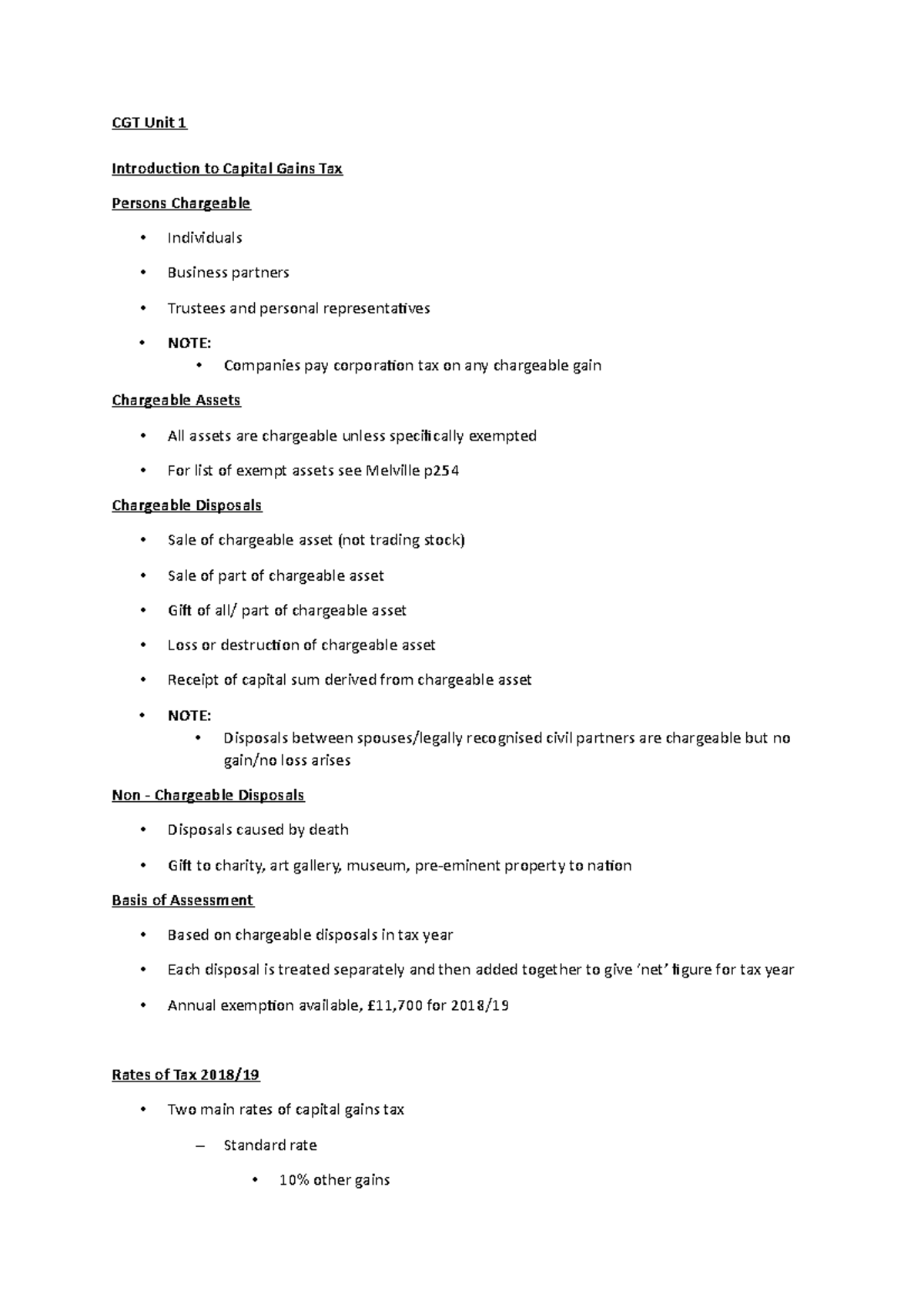 CGT Unit 1 - Lecture notes 1 - CGT Unit 1 Introduction to Capital Gains ...