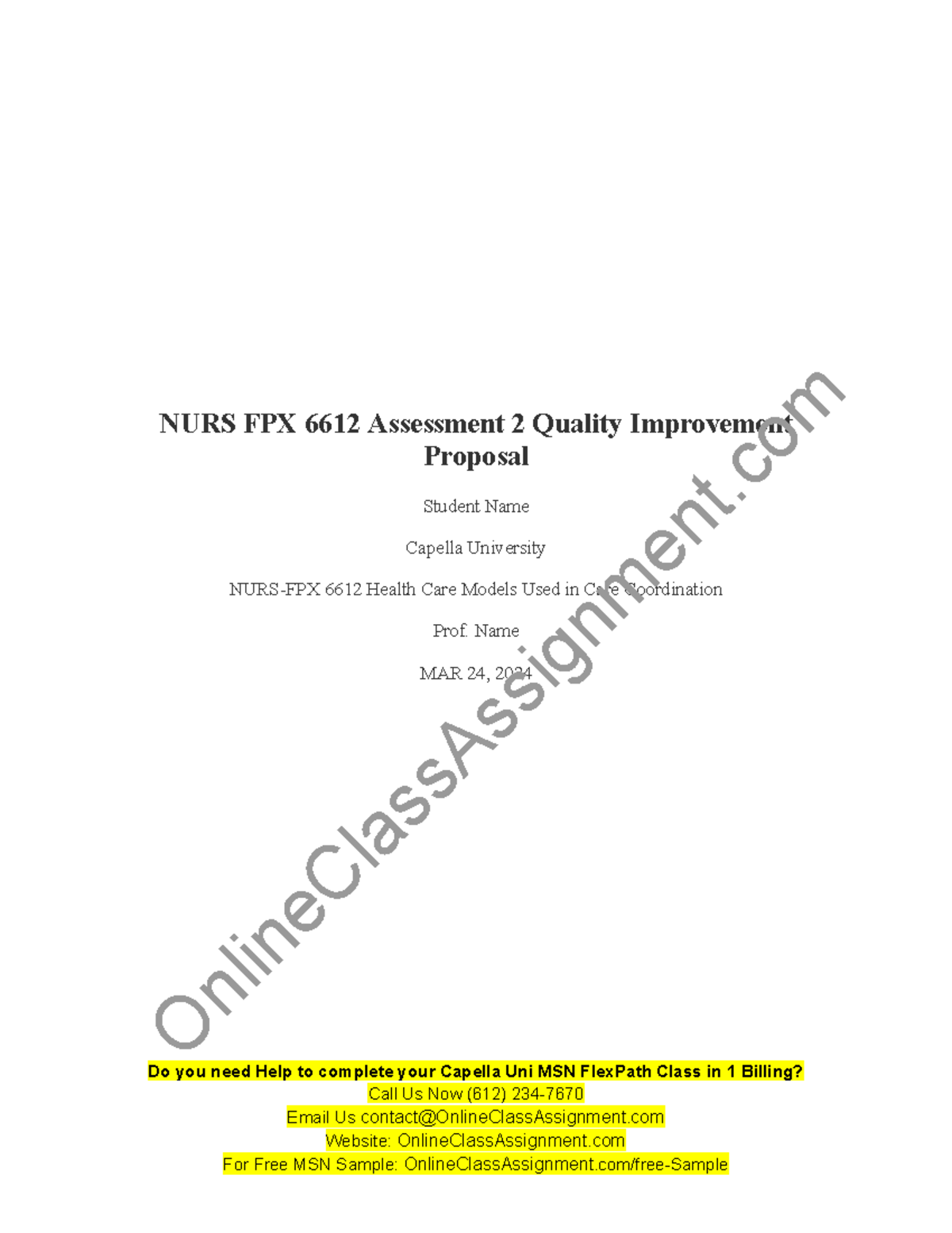 NURS FPX 6612 Assessment 2 Quality Improvement Proposal - NURS FPX 6612 ...