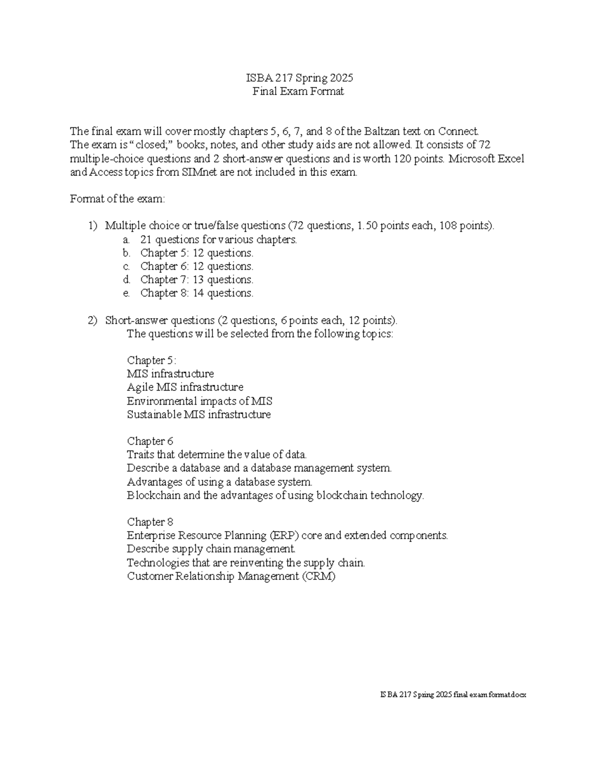 ISBA 217 Spring 2025 Final Exam Format and Coverage Details - Studocu