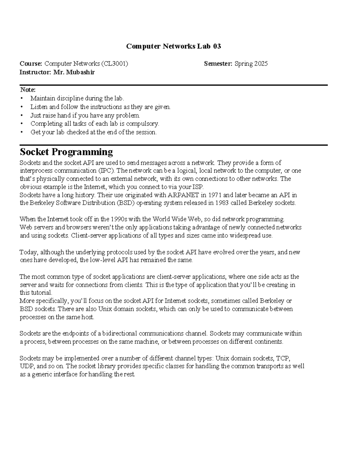 Socket Programming Implementation Computer Networks Lab 03 Course
