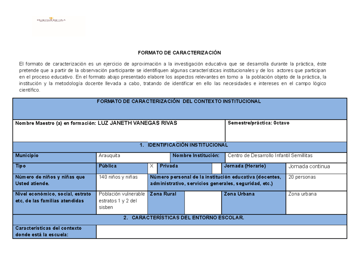 Formato Modelo de Caracterización Institucional - Práctica 1-Corte 1 - Document Preview