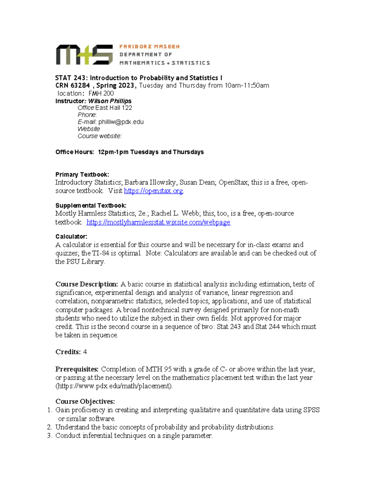 STAT 243: Syllabus for Intro to Probability & Statistics I, Spring 2023 ...