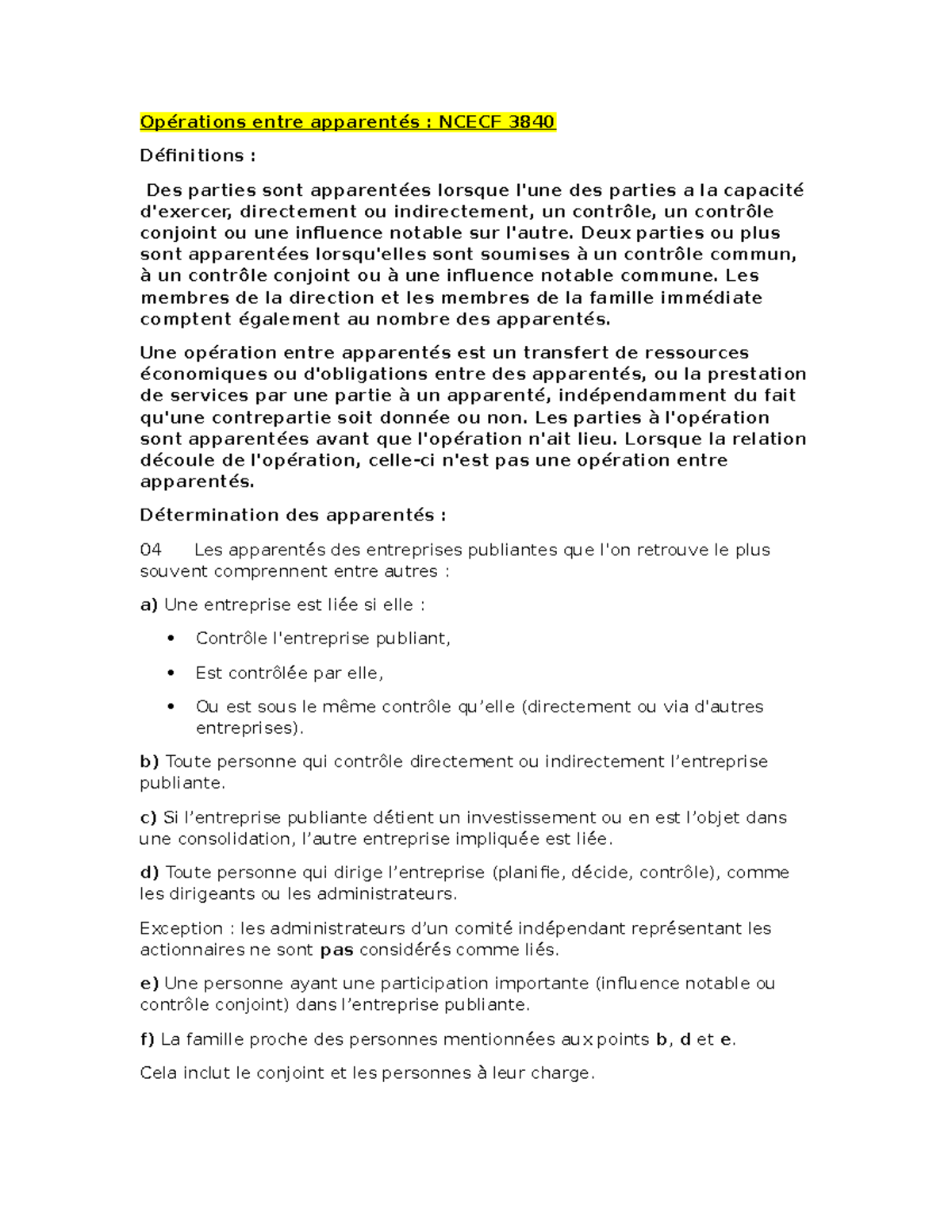 Opérations entre apparentés : NCECF 3840 - Définitions et ...