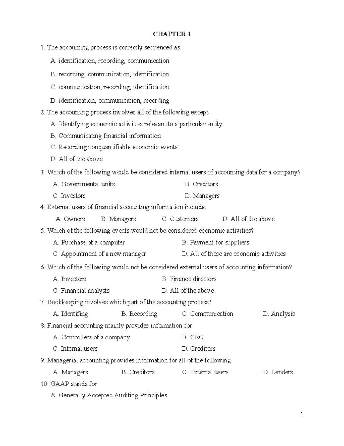 Multiple Choice Questions & Exercises - ACCT 101 Chapter 1 - Studocu
