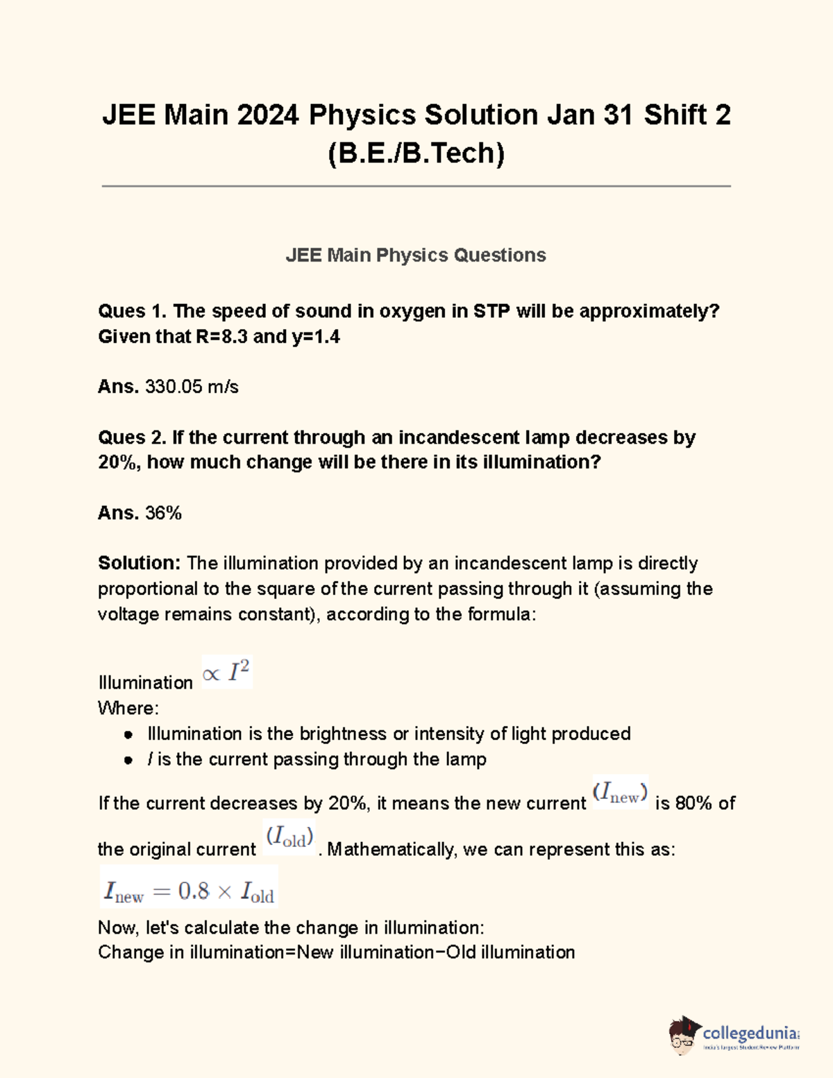 JEE Main 2024 Physics Solutions - Jan 31 Shift 2 Analysis - Studocu