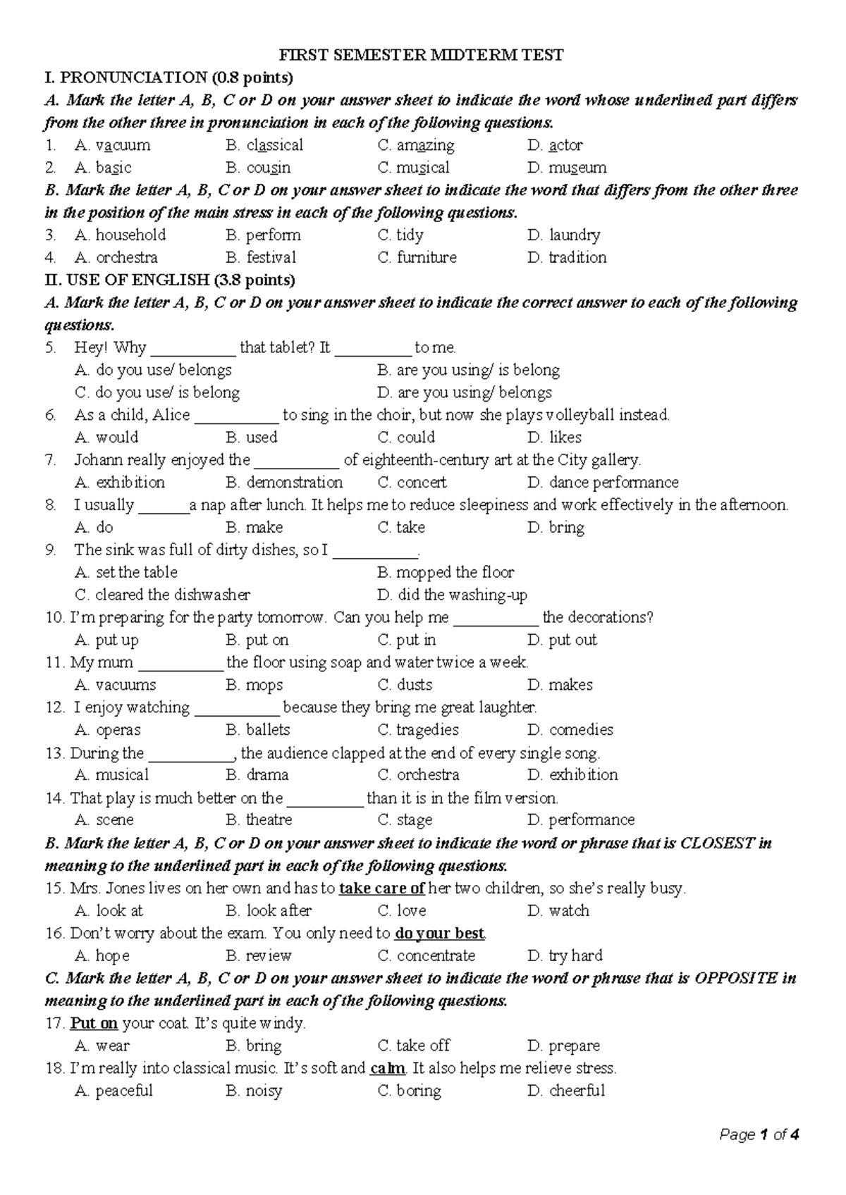 Bright 10 Midterm 1 - Vocabulary and Grammar Test - Studocu