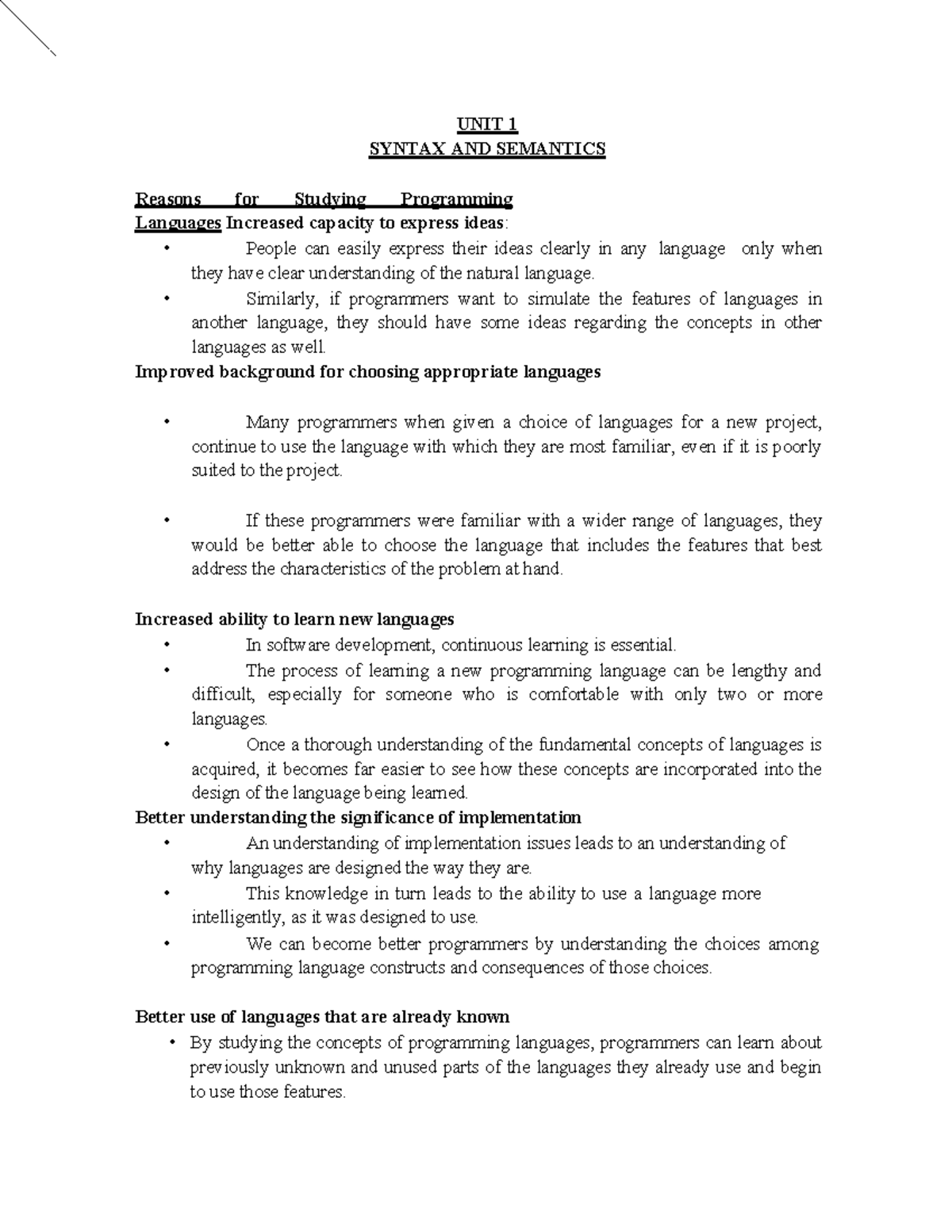 POP Notes - PPL Units 1 to 5 - UNIT 1 SYNTAX AND SEMANTICS Reasons for ...
