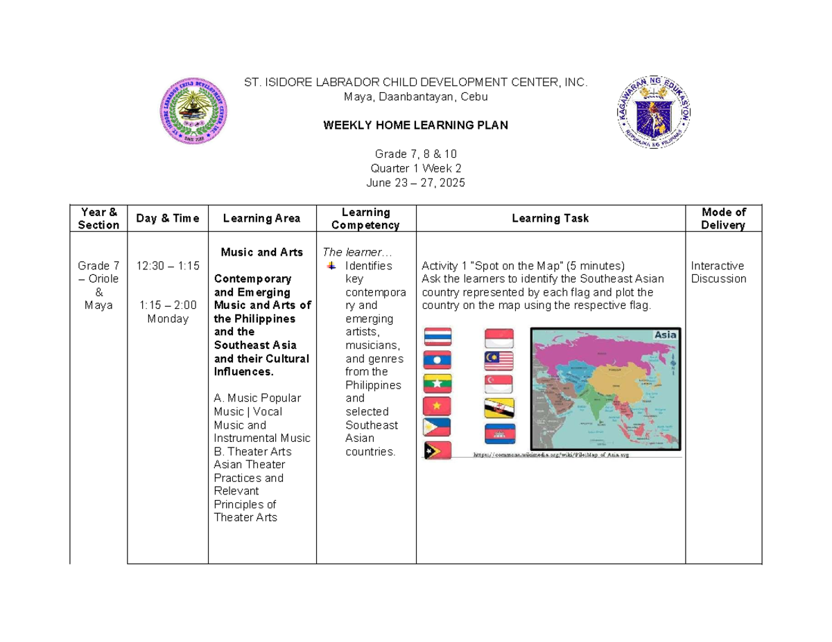 LP Q1-W2: Weekly Home Learning Plan for Grades 7 & 8 (June 23-27, 2025 ...