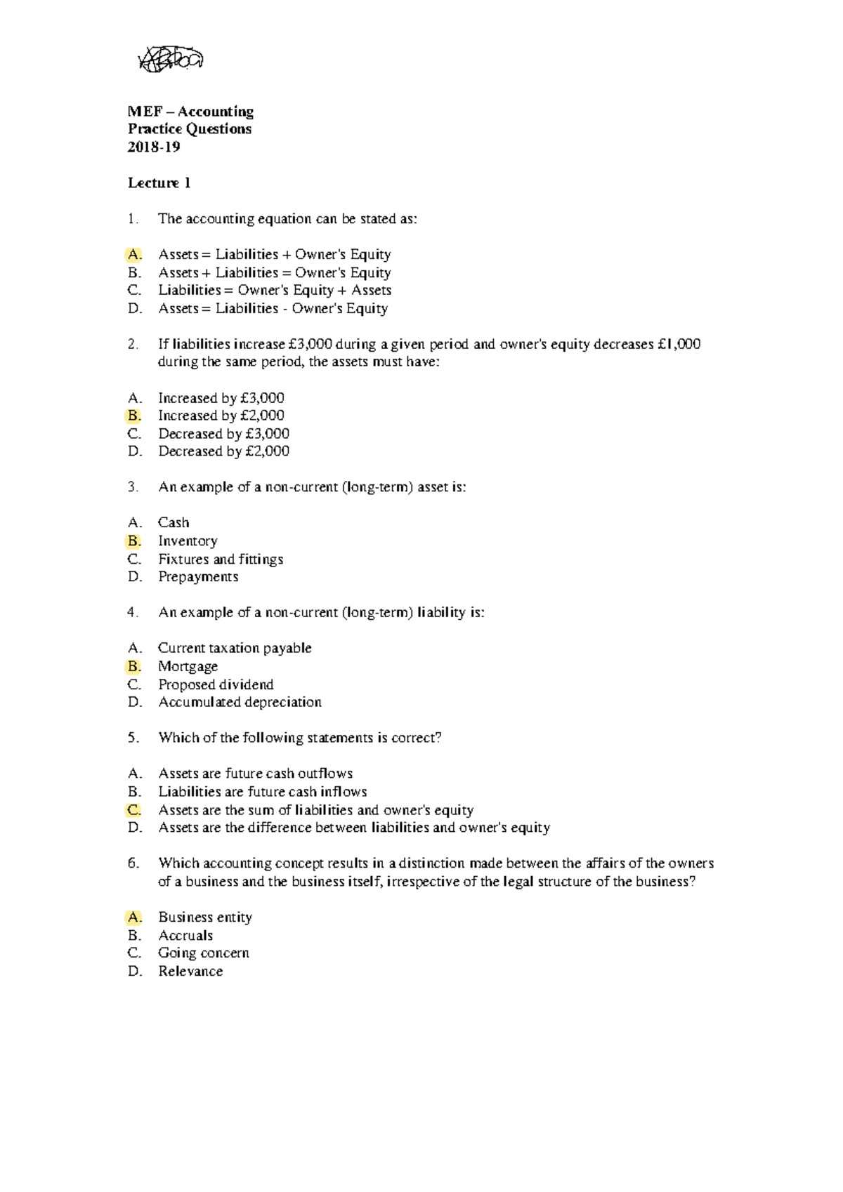 Principles of Accounting MEF - Practice Questions 2019-20 - MEF ...