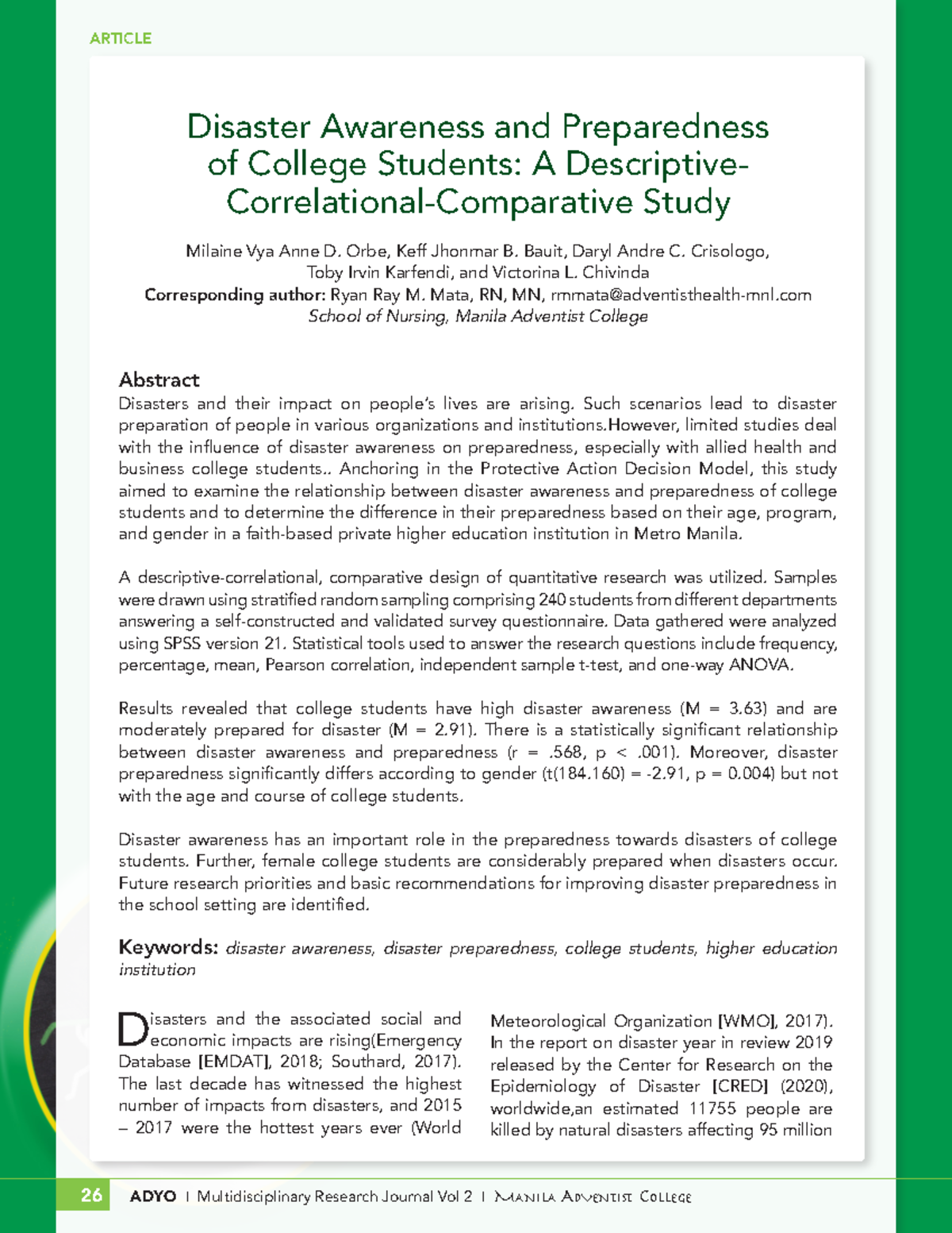Disaster Awareness & Preparedness Among College Students: A Study on ...