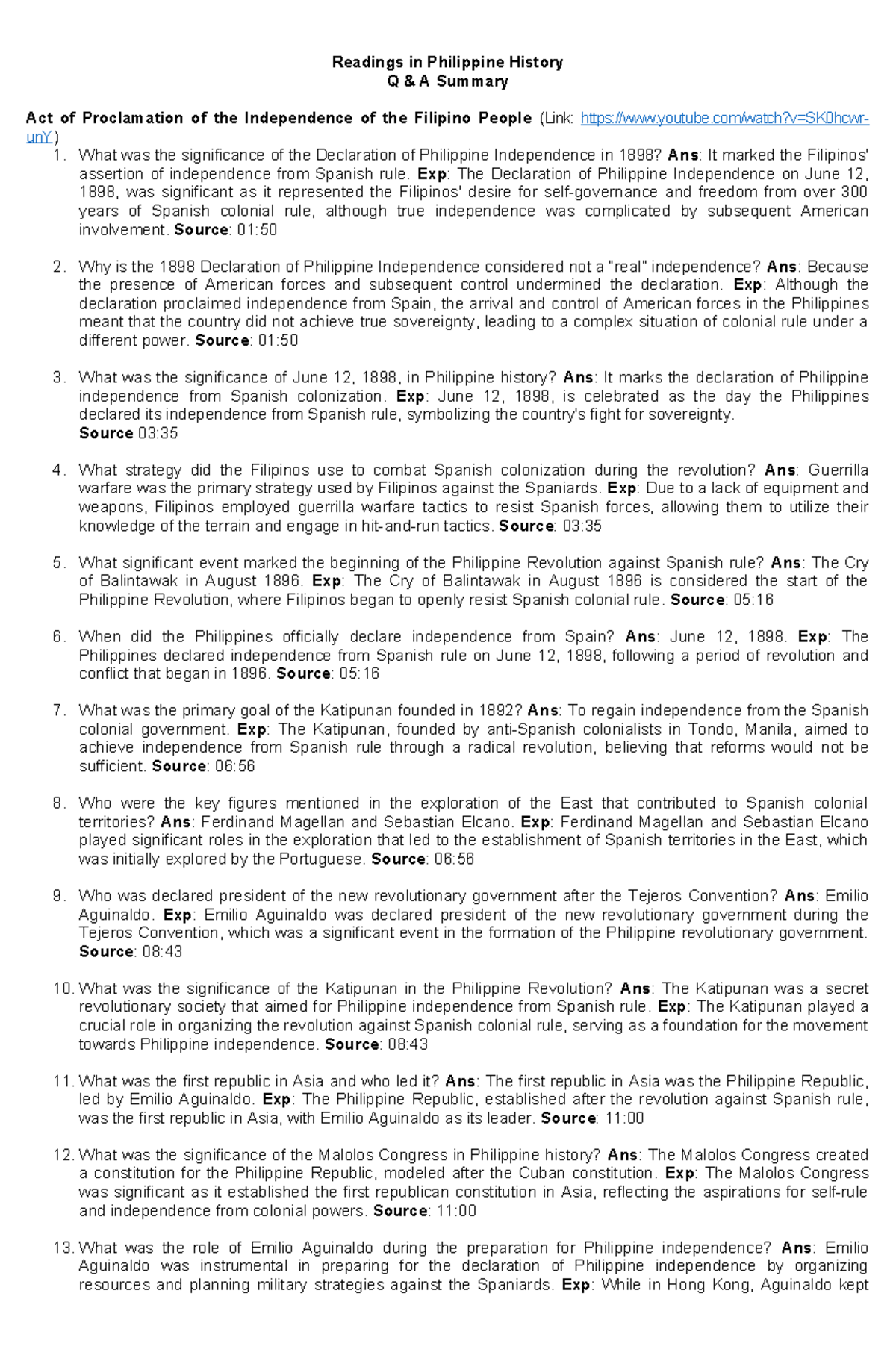 RPH Flashcards - Readings in Philippine History Q & A Summary Act of ...