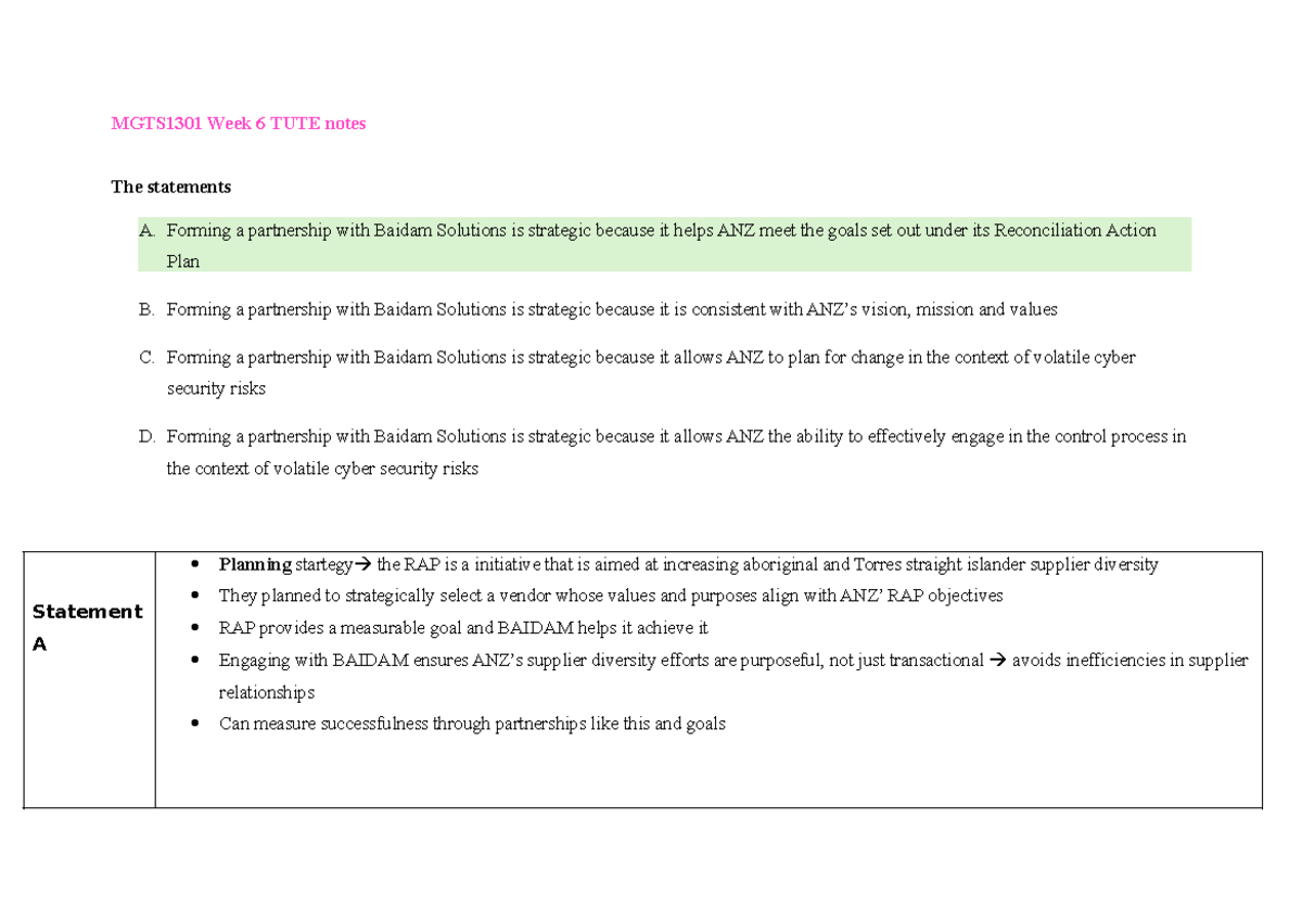 MGTS1301 Week 6 Tutorial Notes on ANZ and Baidam Partnership - Studocu