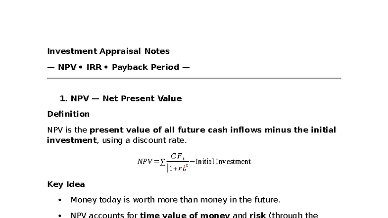 Finance 101 - Investment Appraisal Notes: NPV, IRR & Payback Period ...