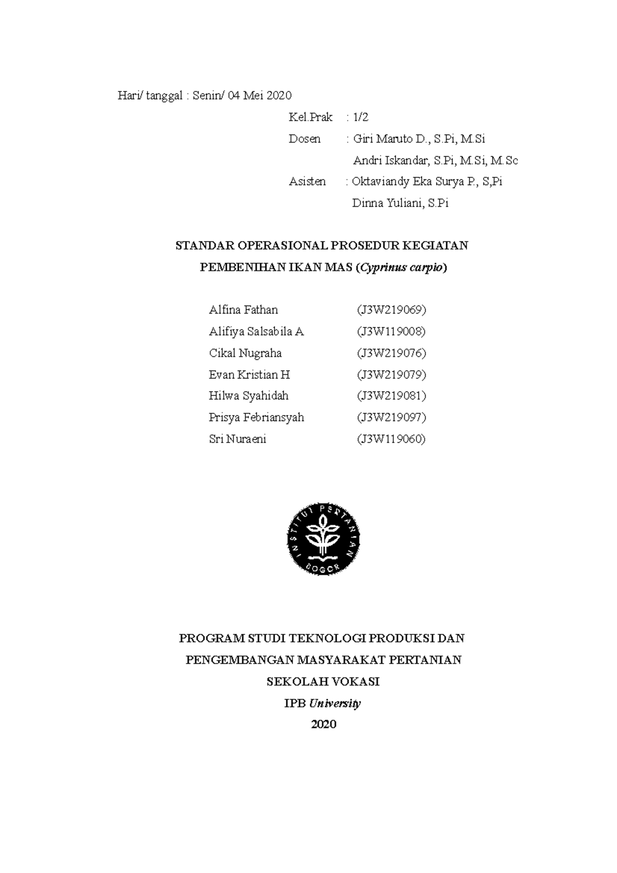SOP Pembenihan Ikan Mas (Cyprinus carpio) - Tugas Akuakultur TM 10 Kel 1 P2 - Document Preview
