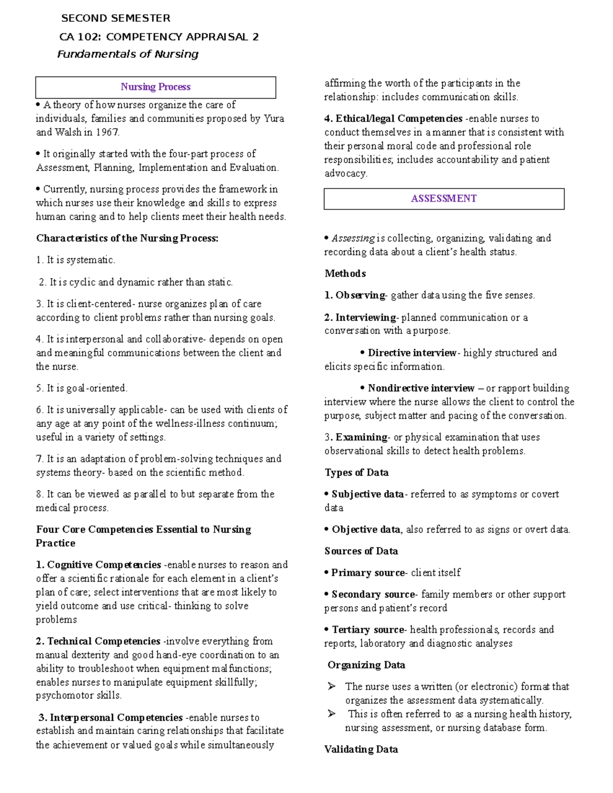 CA 102: Fundamentals of Nursing Study Guide for Competency Exam - Studocu