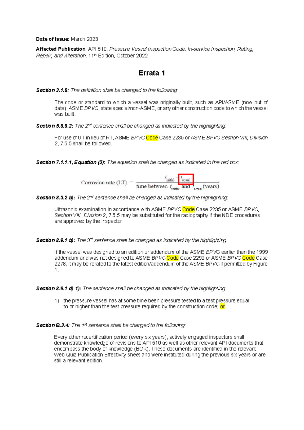 API 510, Pressure Vessel Inspection Code: Errata 2023 Edition - Studocu