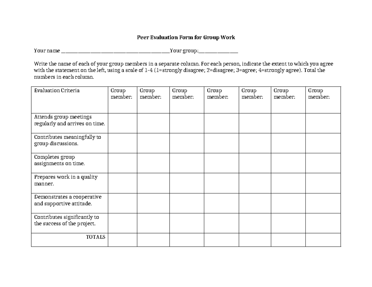 Peer Evaluation for Group Work - Assessment Form - Studocu