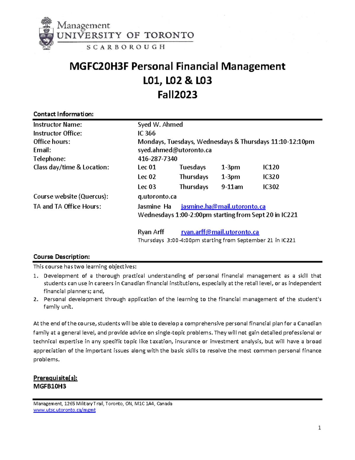 MGFC20H3F Personal Financial Management Course Overview Fall 2023 - Studocu