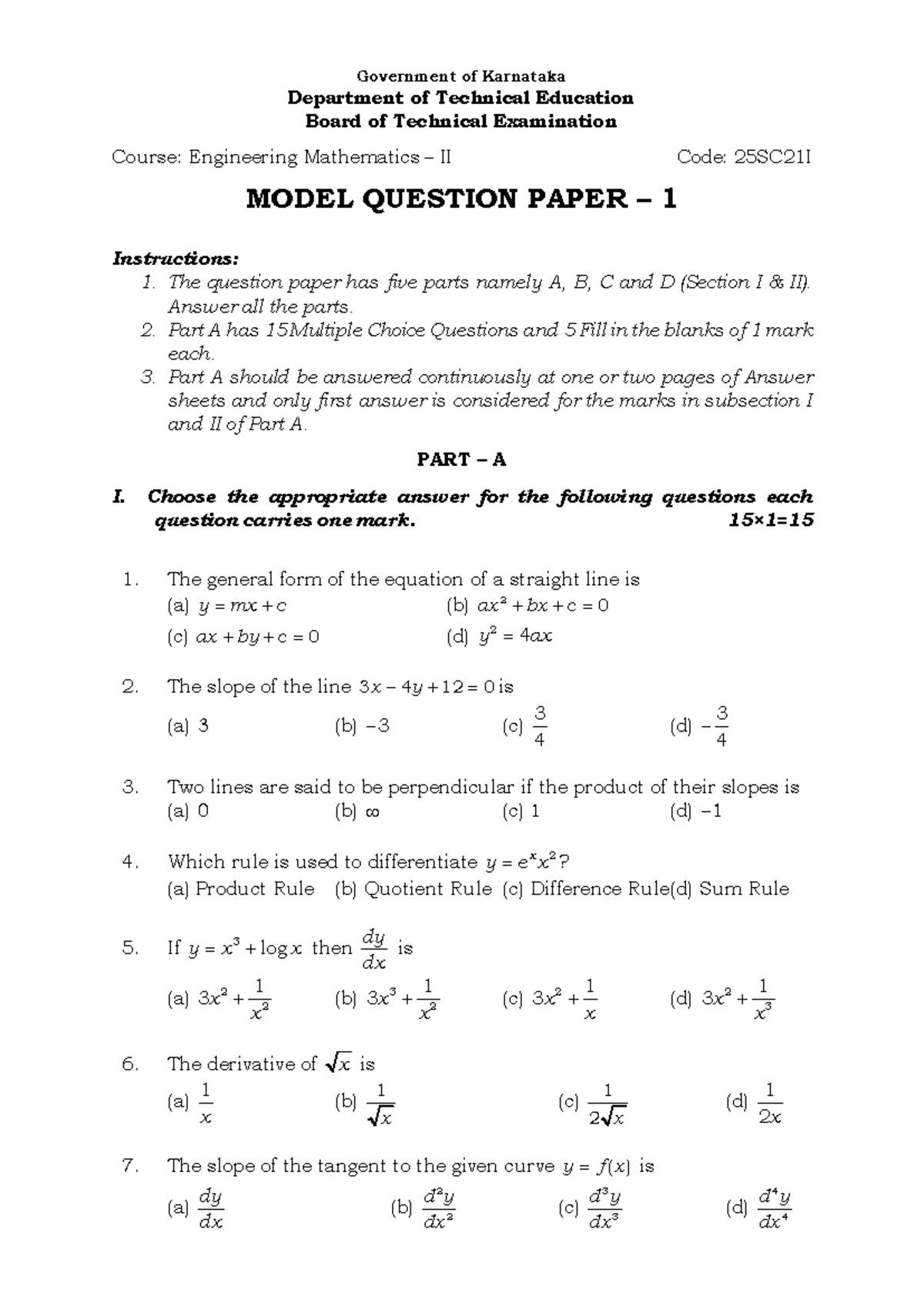 Engineering Mathematics II Model Question Paper 25SC21I - Studocu