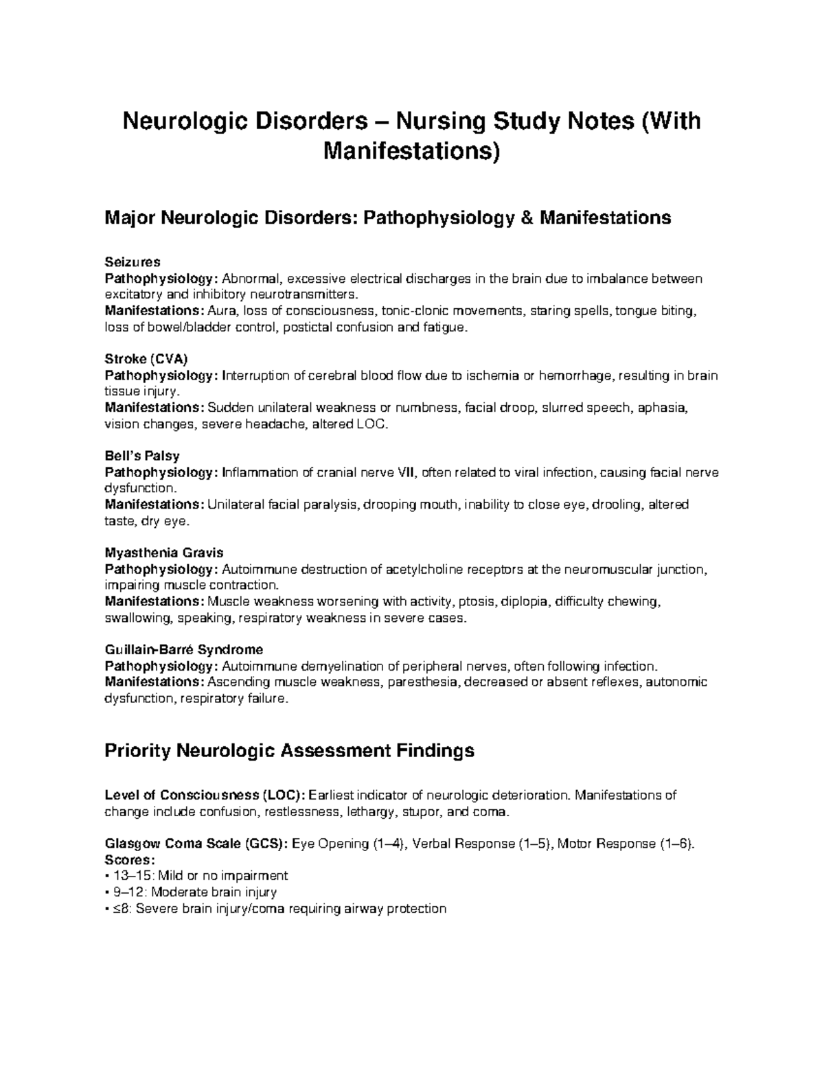 Neurologic Disorders Nursing Study Notes (NUR 101) - Studocu