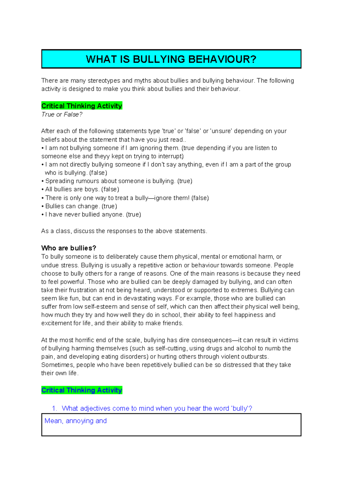 Helping Me - Helping You: Understanding Bullying Behavior (Lesson 3 ...