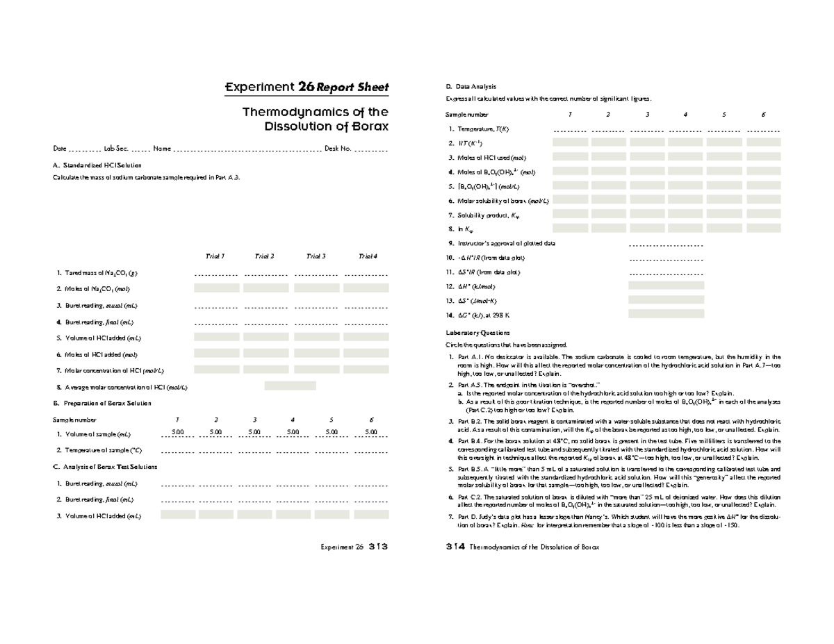 Thermodynamics Of The Dissolution Of Borax Lab Report