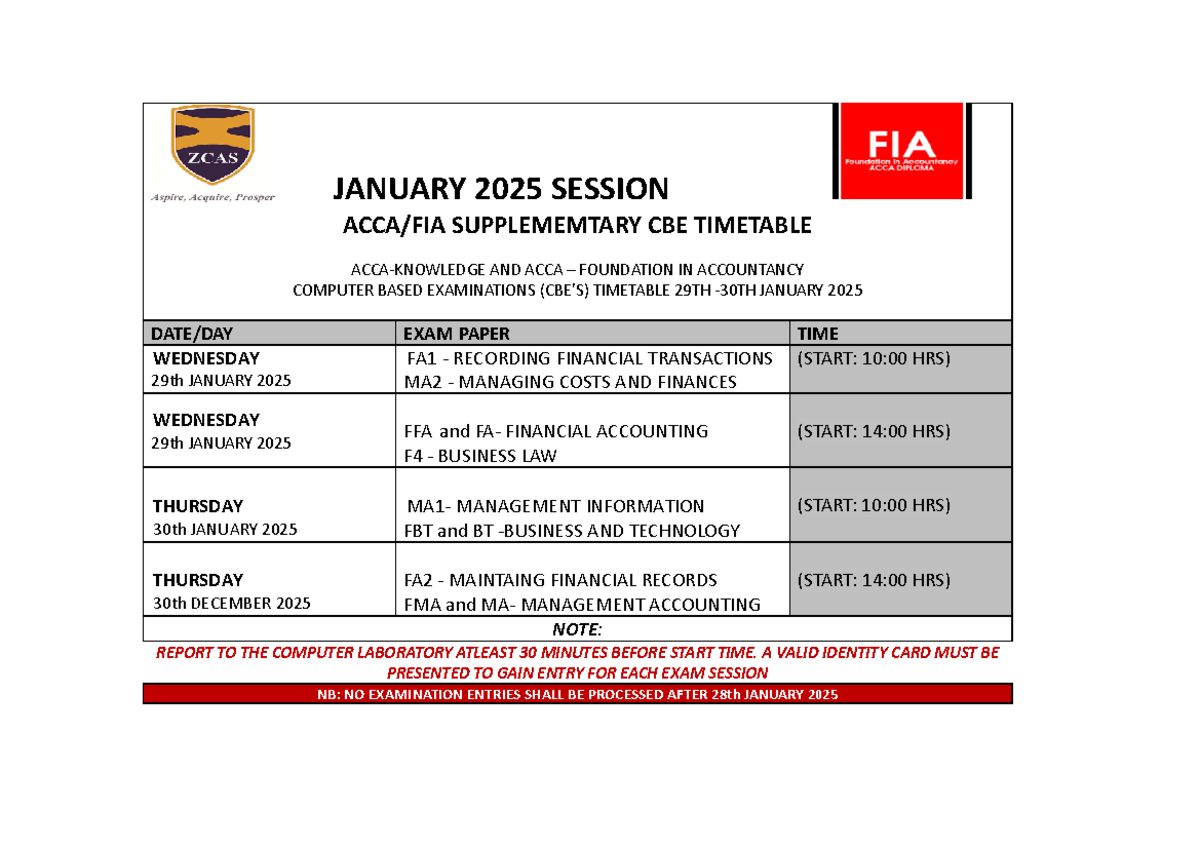ACCA/FIA CBE Timetable for January 2025 Session Exams - Studocu
