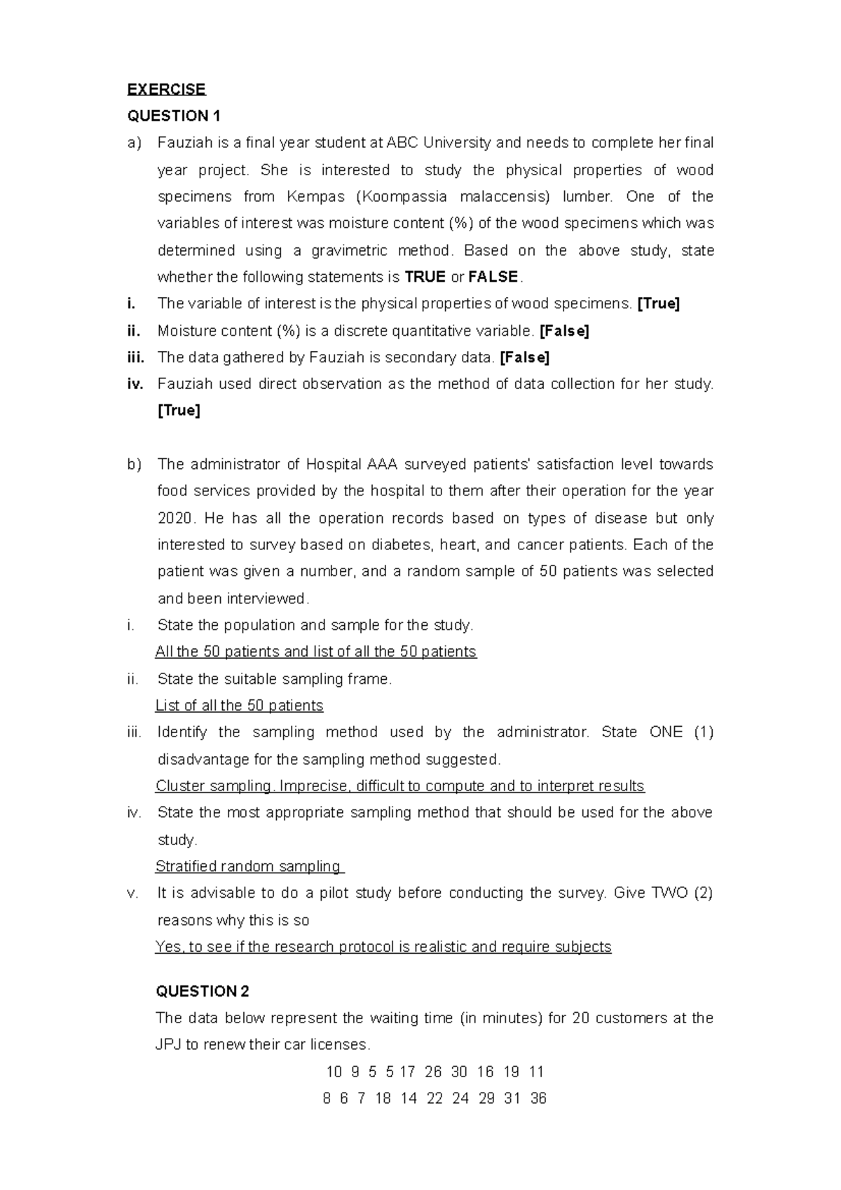 Exercise 1 STA108 SEM 3: True or False with Data Analysis Questions ...