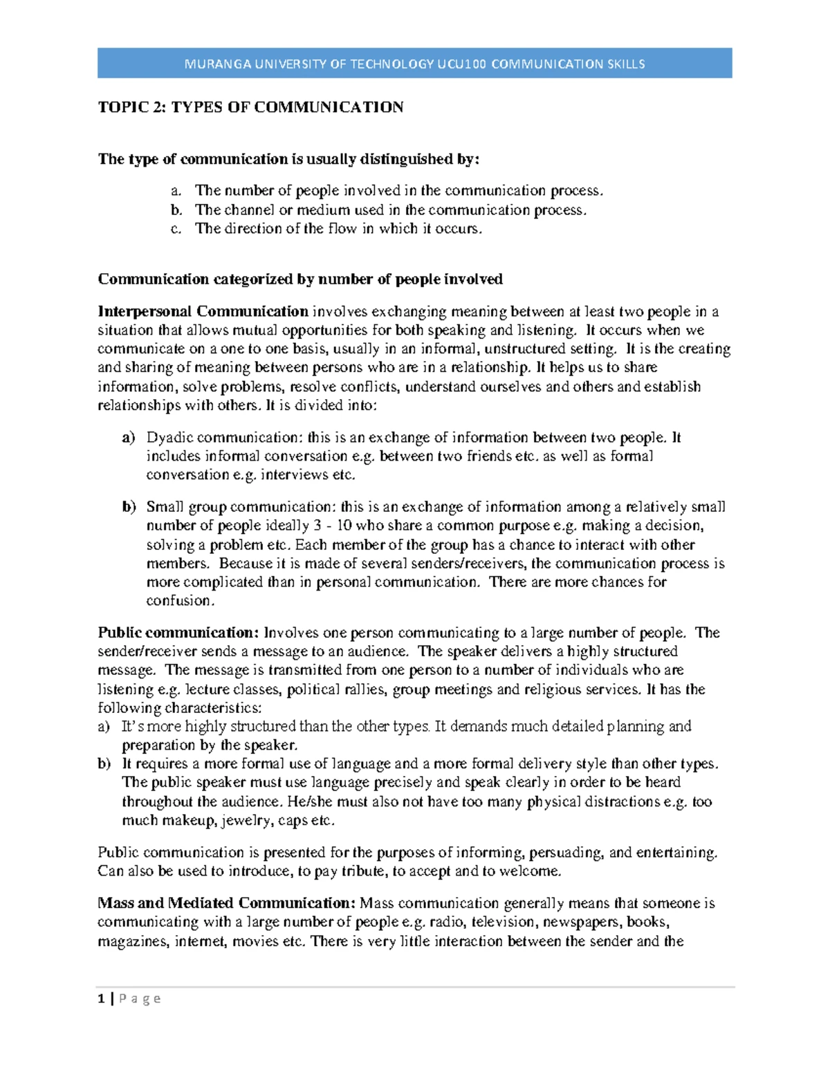 UCU100 Communication Skills: Introduction & Key Concepts Notes - Studocu
