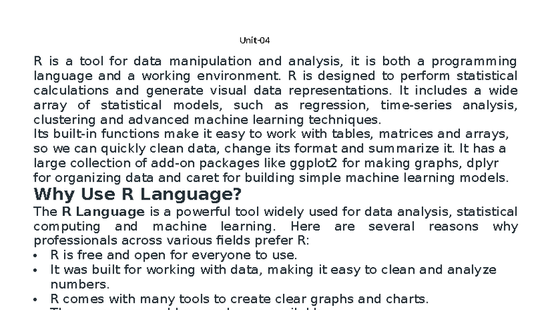 R Programming Language: Comprehensive Notes for BA, AI4 - Studocu