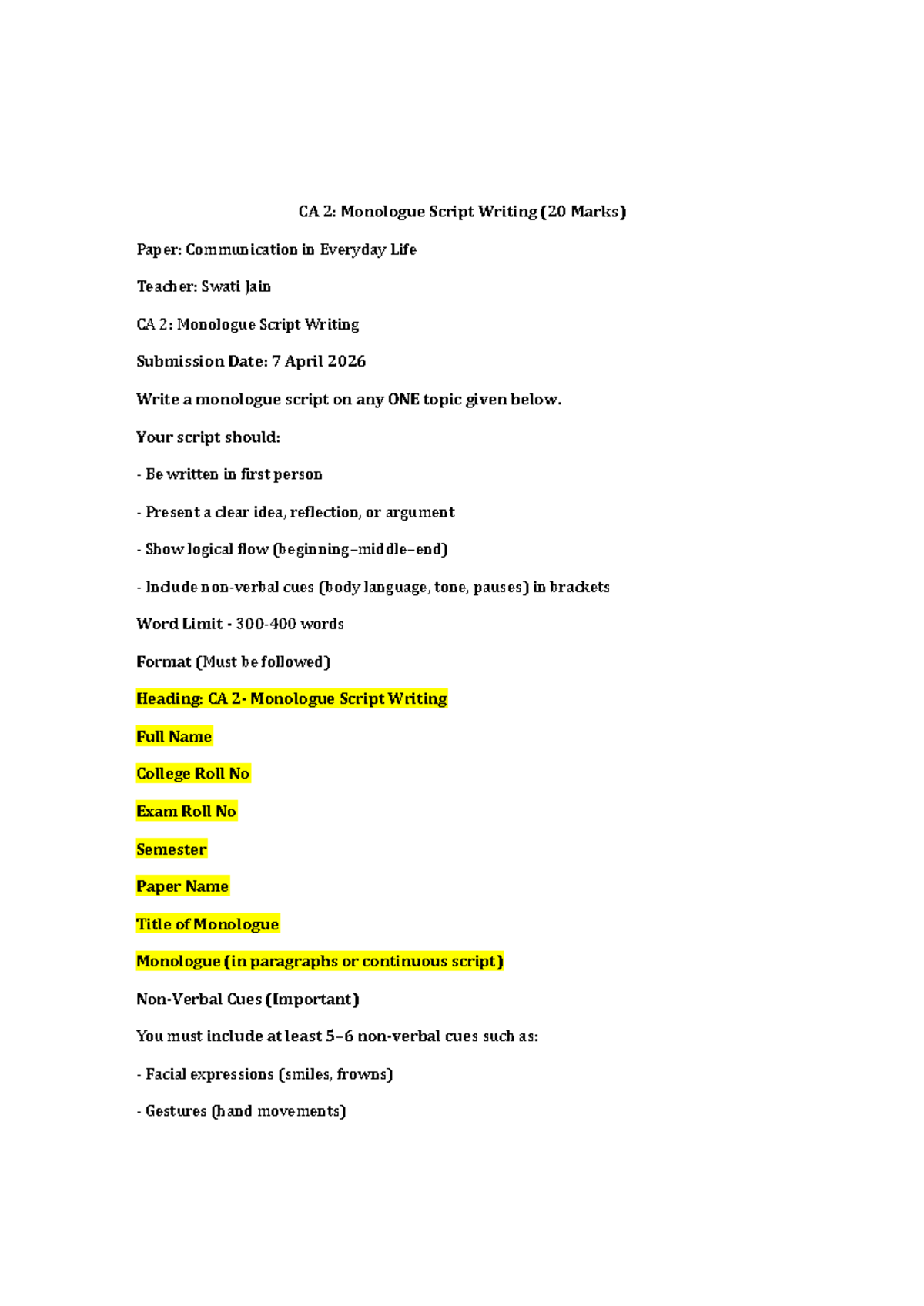 CA2: Monologue Script Writing Guidelines for CIEL Class - Studocu