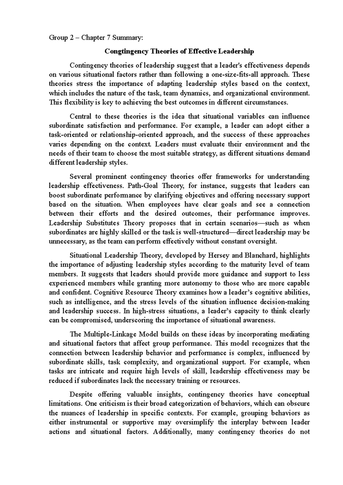 Group 2 - Summary of Contingency Theories in Chapter 7 - Studocu