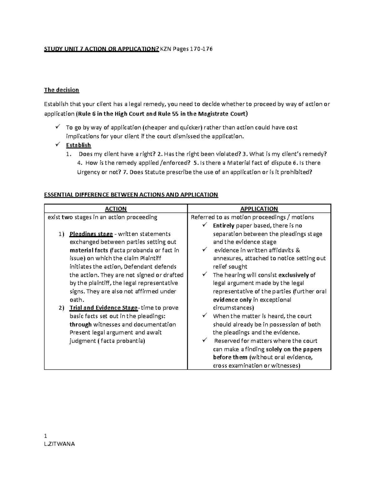 IURI 376 Study Unit 7: Choosing Between Action and Application - Studocu