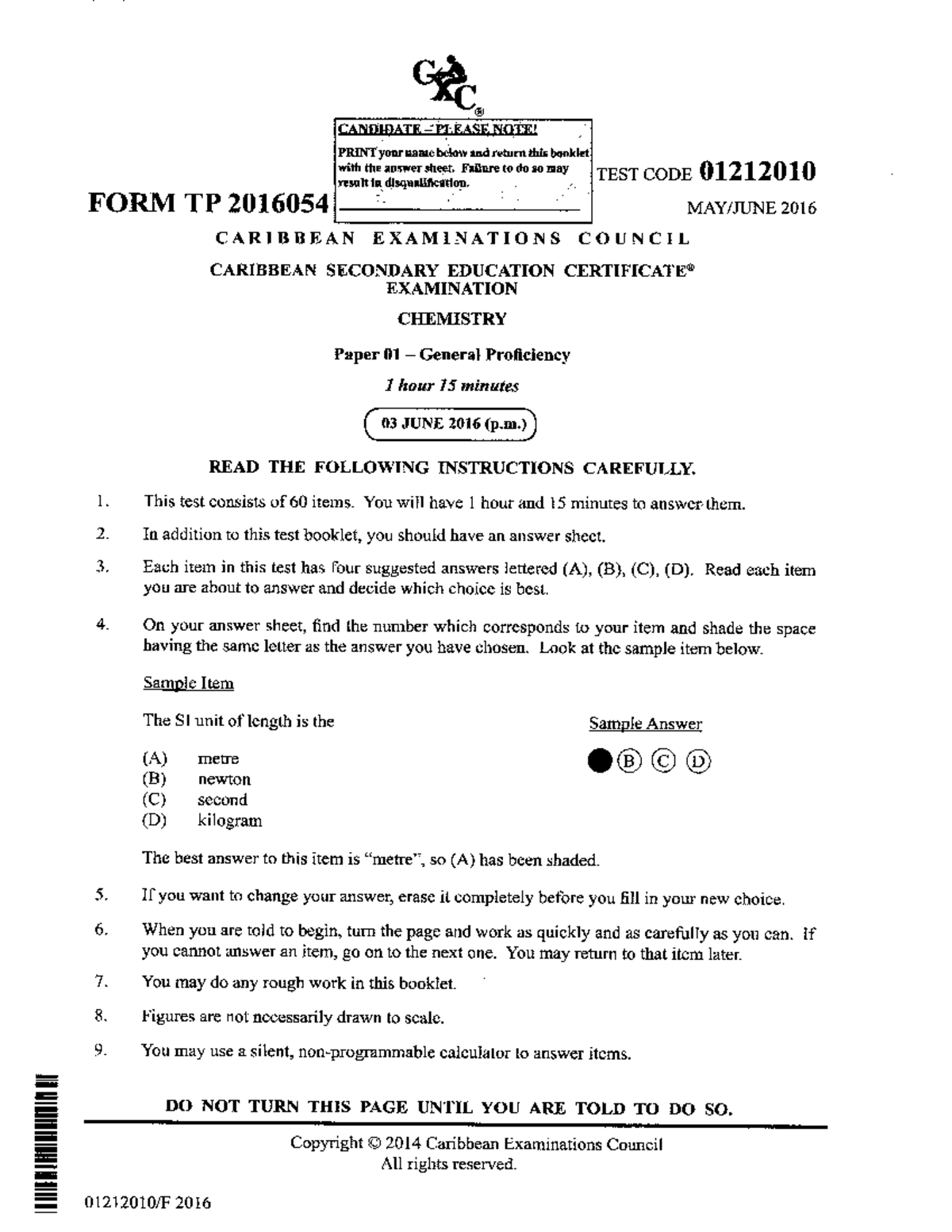 Chemistry CSEC Paper 01 - General Proficiency May/June 2016 Exam - Studocu
