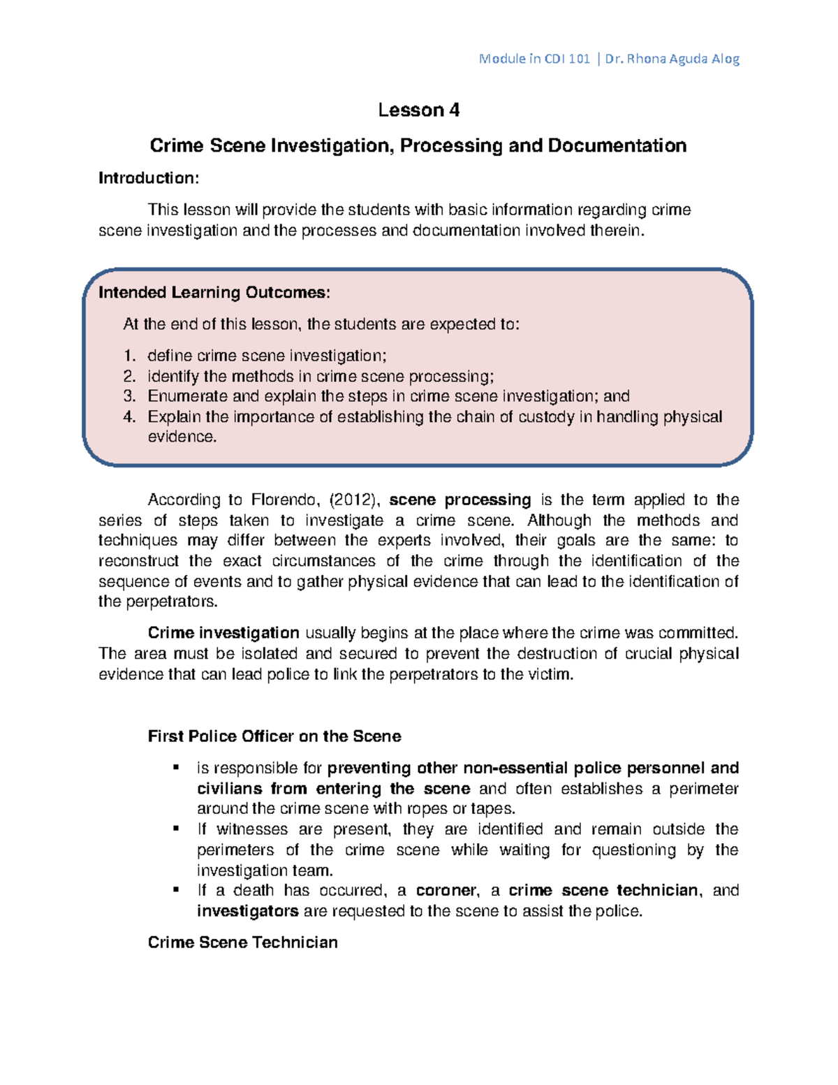 CDI 101 2022 - Lesson 4: Crime Scene Investigation & Processing ...