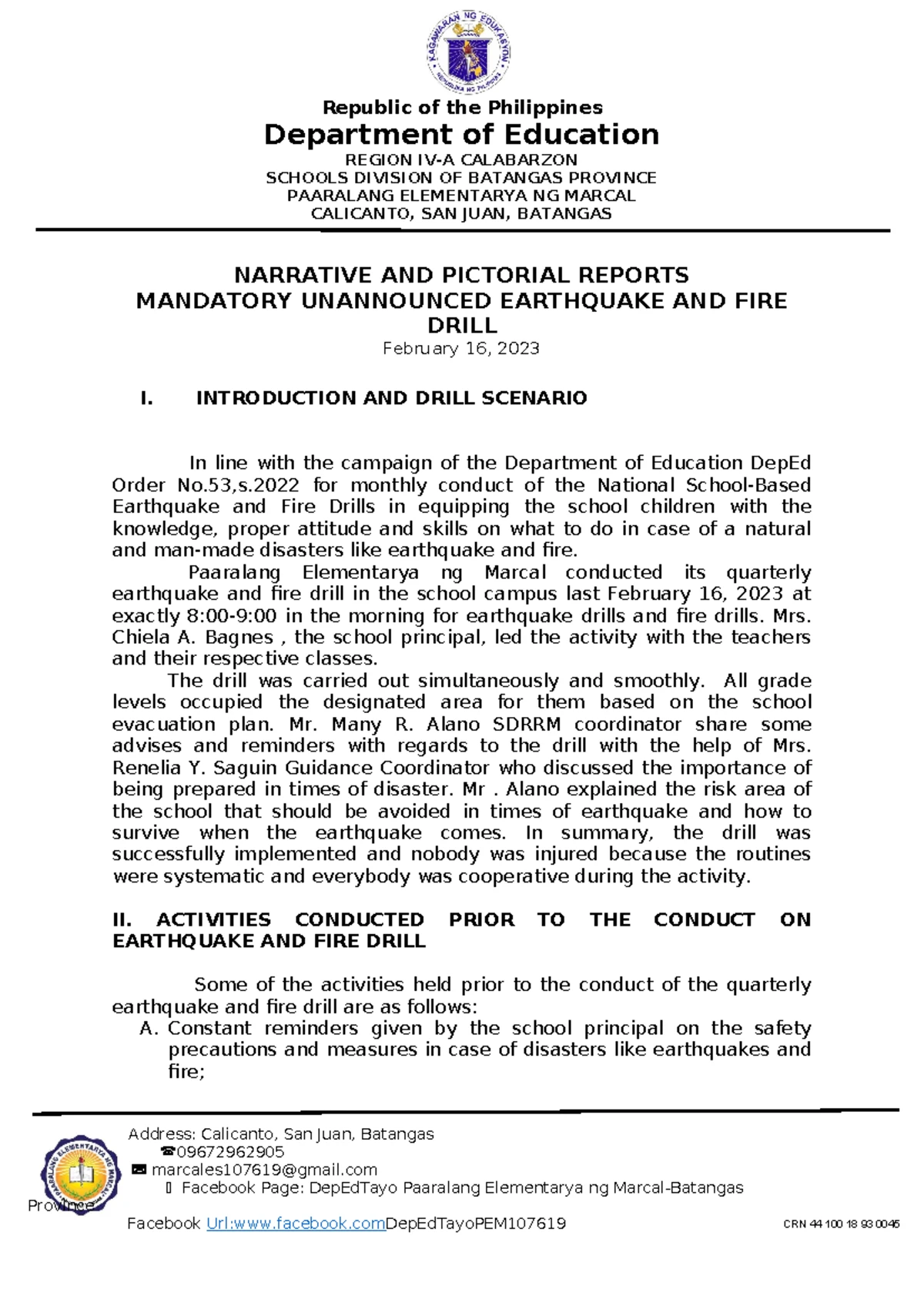 Narrative Report on DRRM: Earthquake & Fire Drill - March 24, 2023 ...