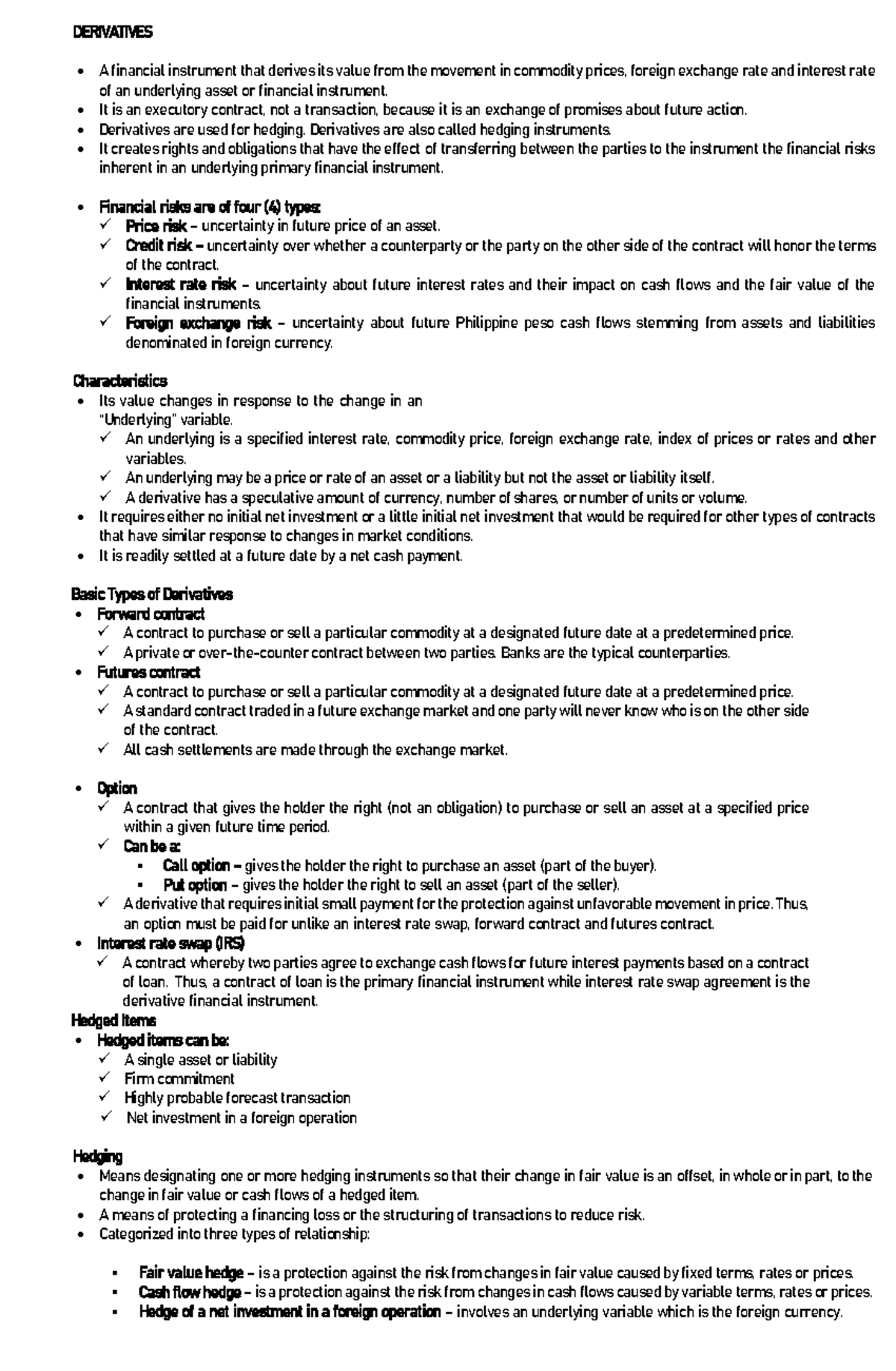 Derivatives - Lecture Notes (FIN 101) - Studocu