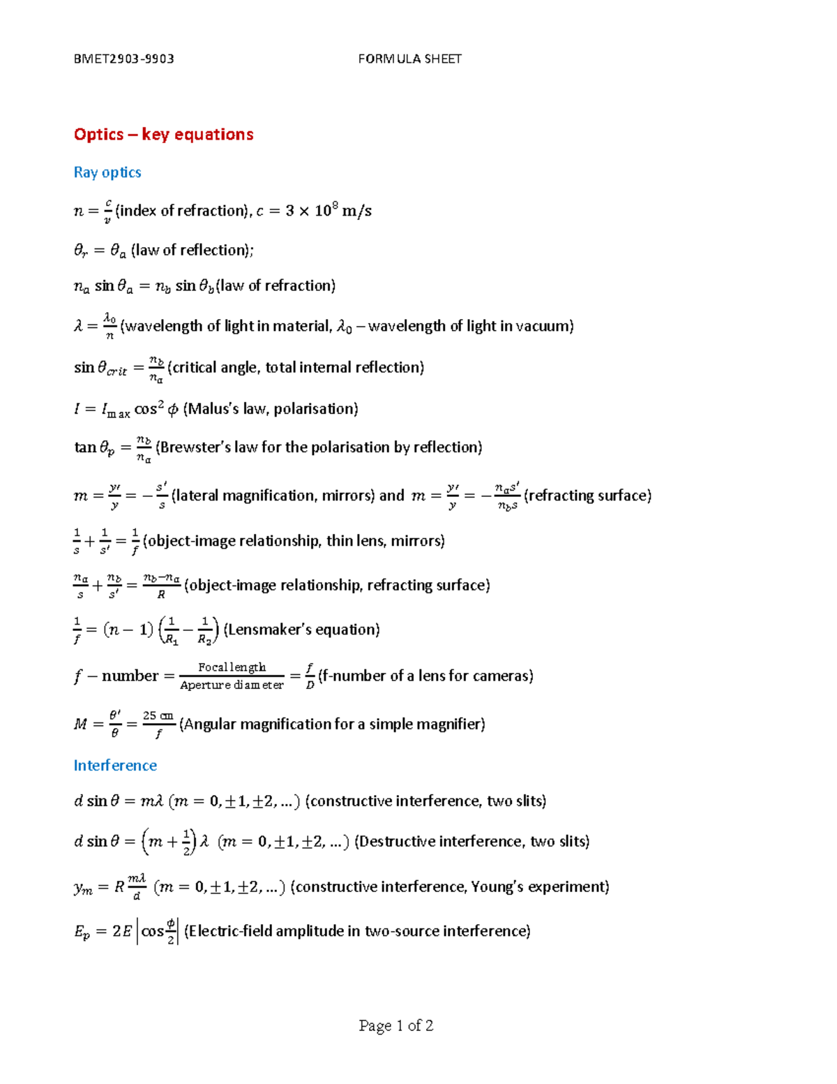 Formula Sheet - Optics - BMET2903-9903 FORMULA SHEET Page 1 of 2 Optics ...