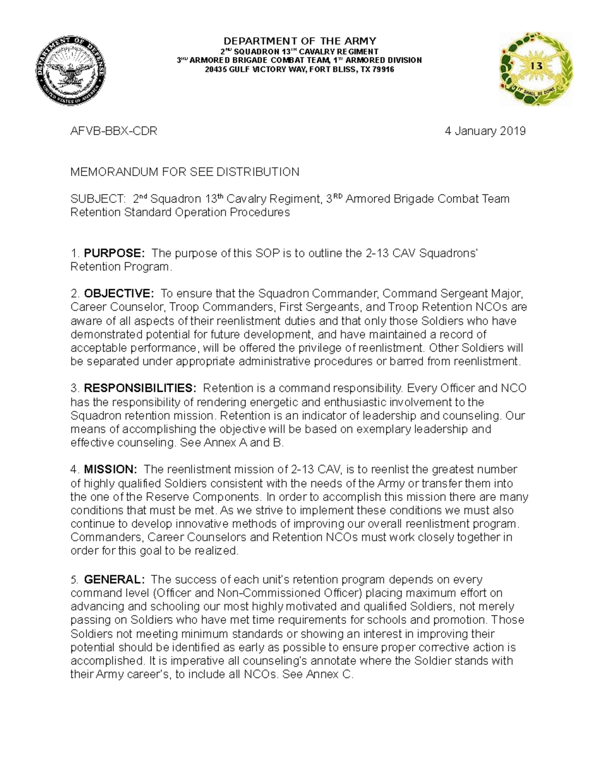 2-13 CAV Retention SOP 2019: Ensuring Soldier Reenlistment Success ...