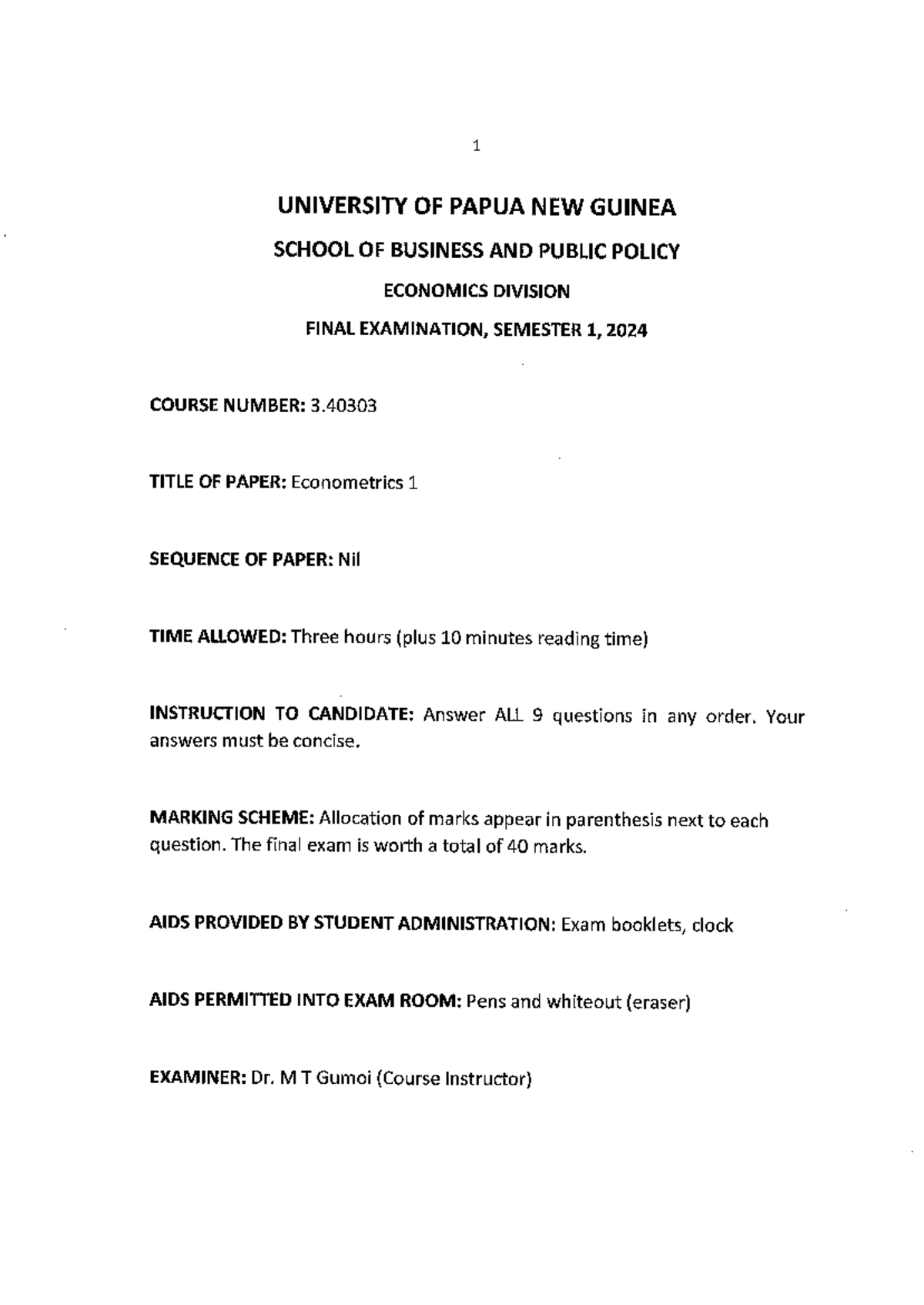 3.40303 Econometrics 1 Final Exam Guide - Semester 1, 2024 - Studocu