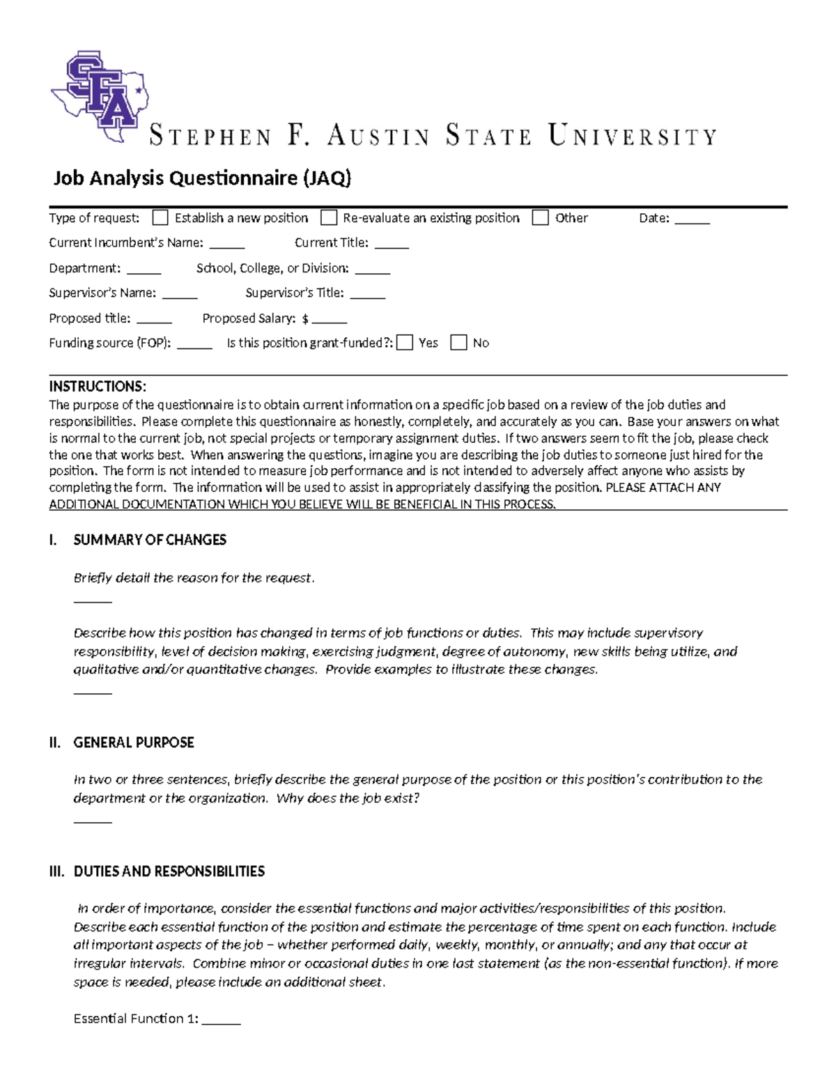 Job Analysis Questionnaire (JAQ) for New Position Request - Studocu