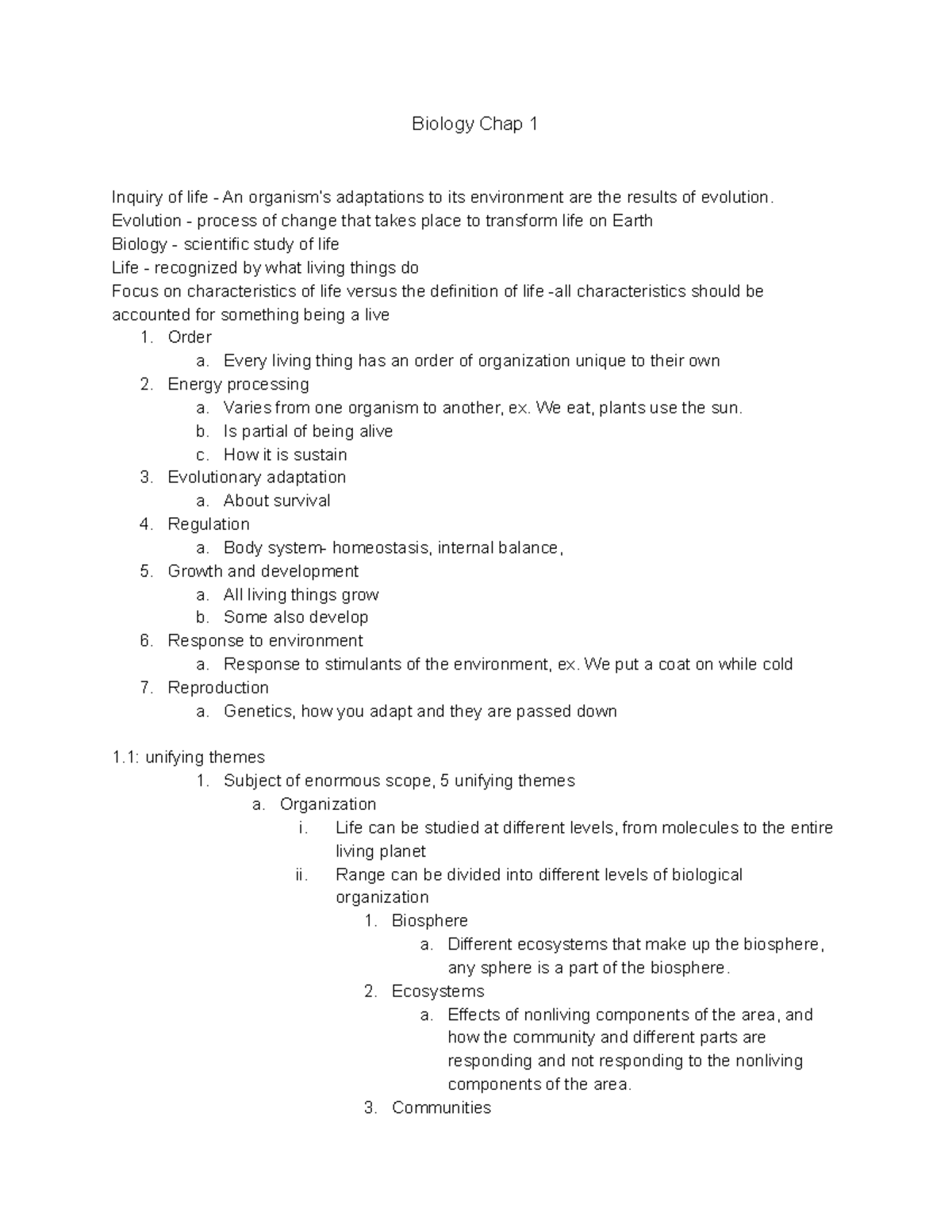 Bio 1 chap 1 - Lecture notes 1 - Biology Chap 1 Inquiry of life - An ...