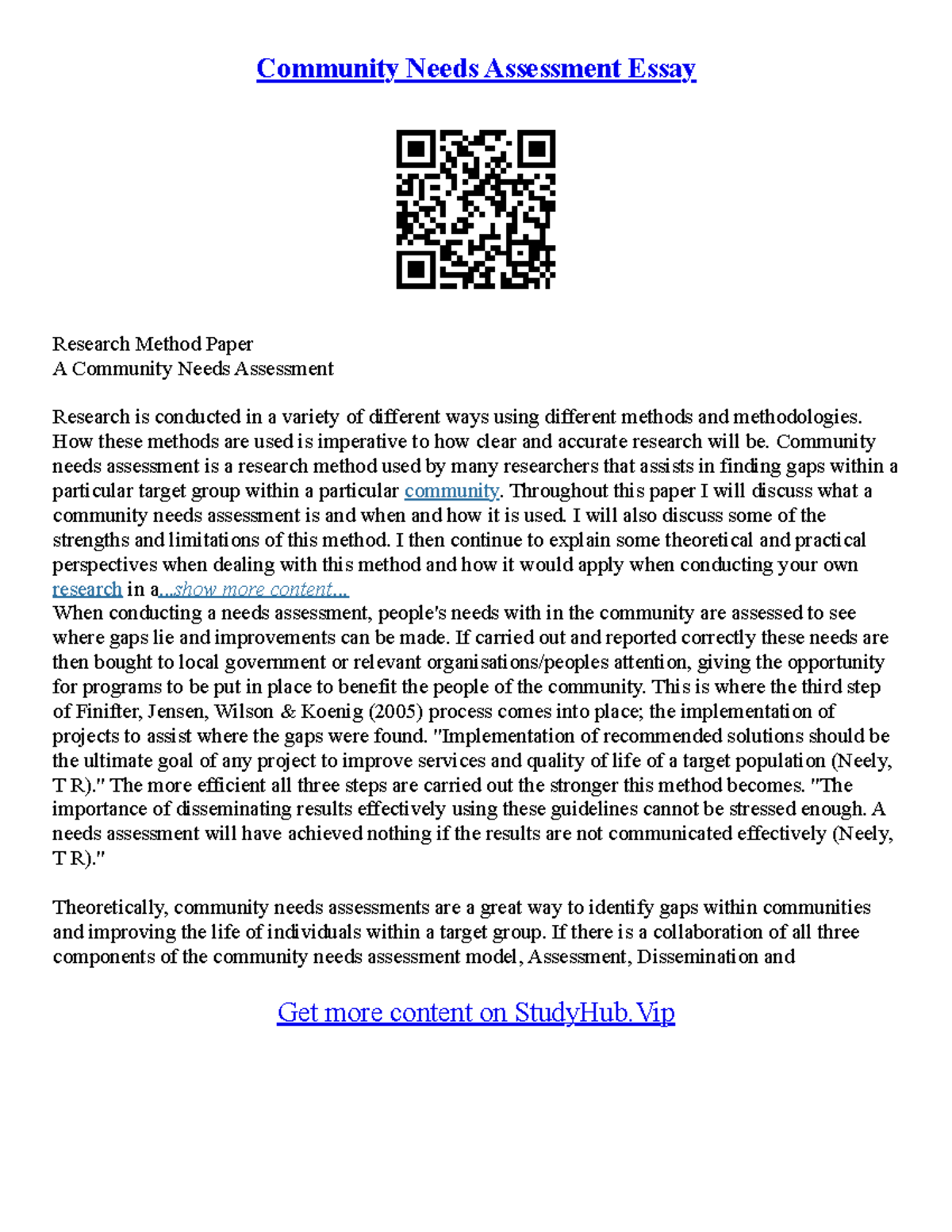 Community Needs Assessment Essay: Methods and Implications - Studocu